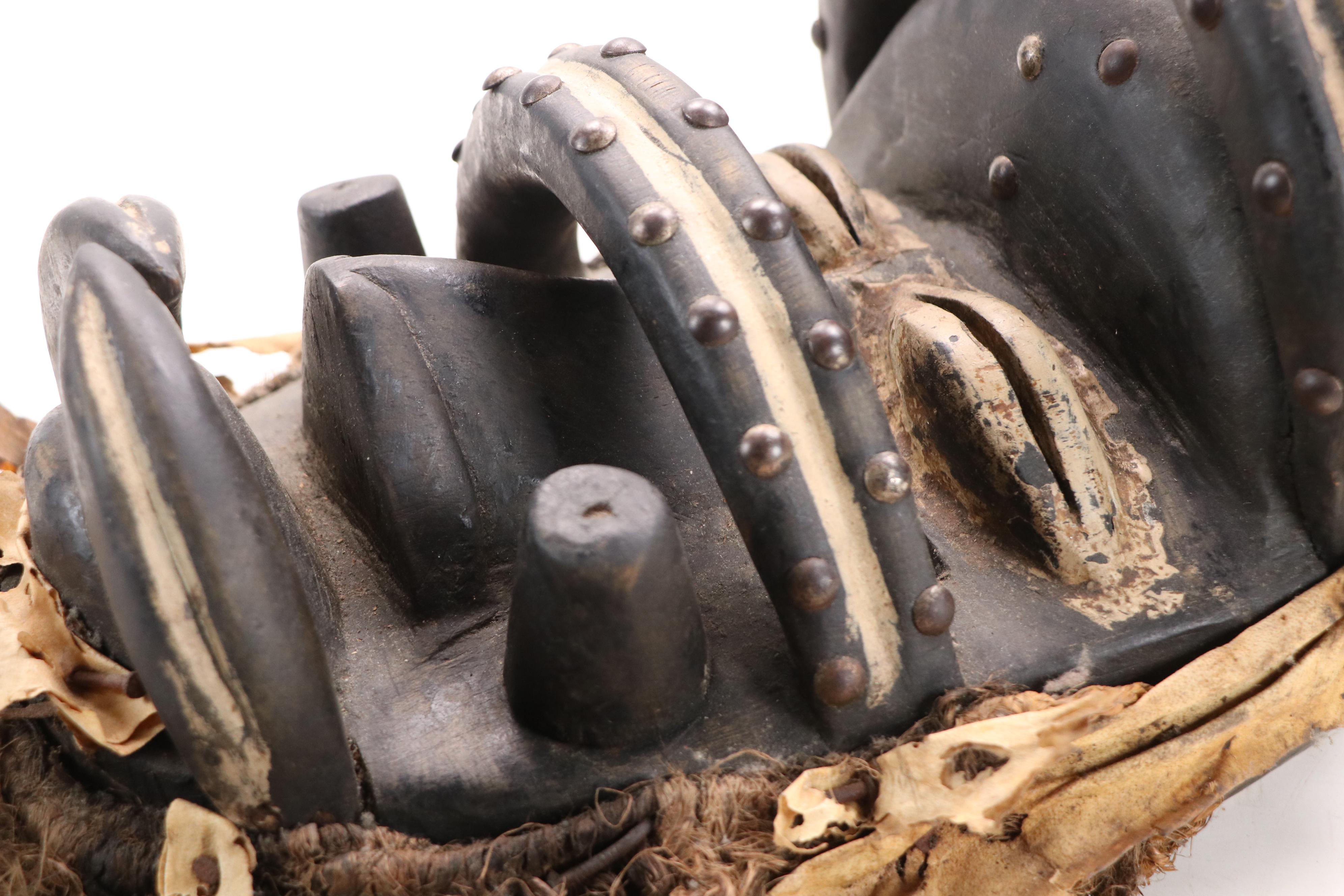 West African Style Hand-Carved Wooden Mask with Raffia Beard