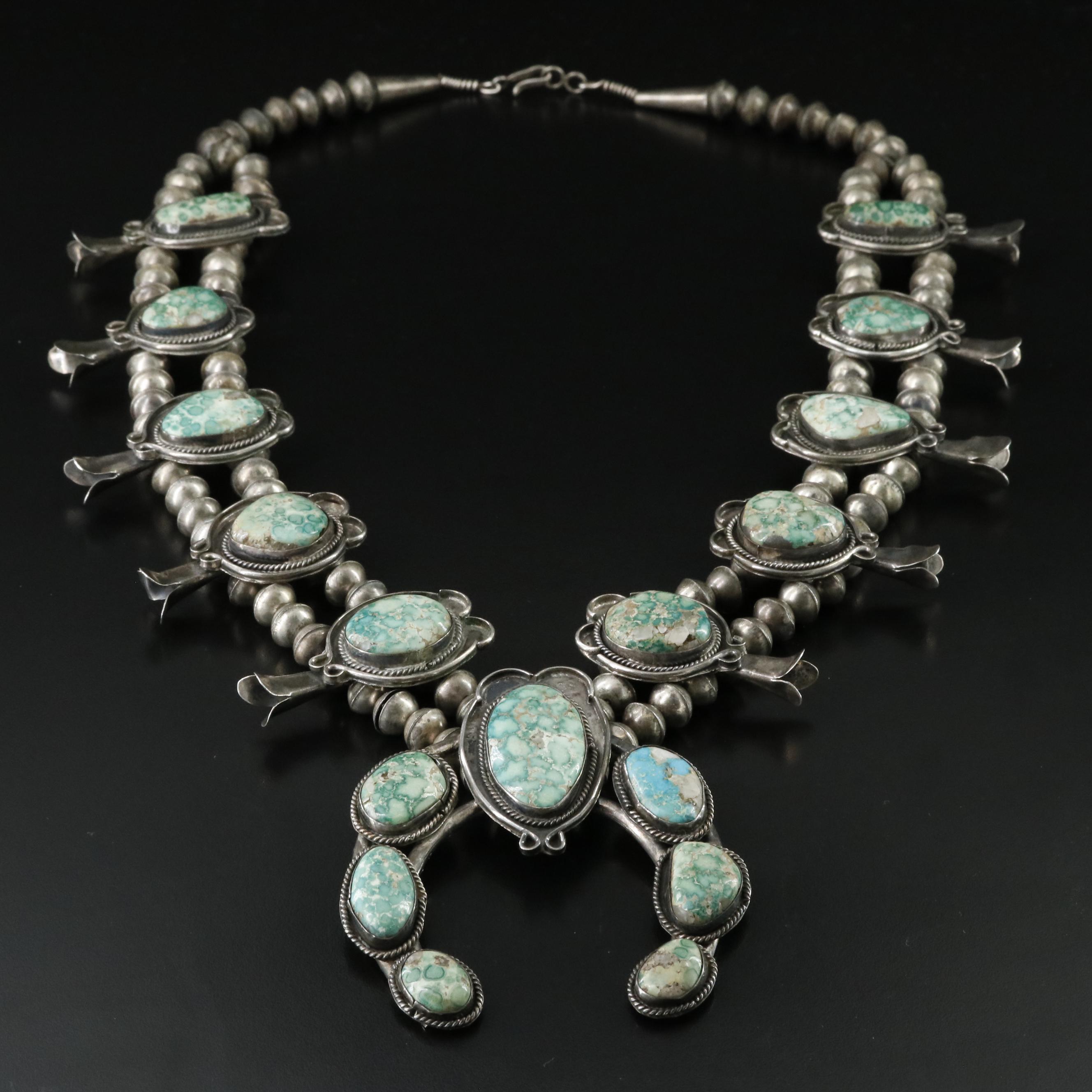 Southwestern Sterling Turquoise Squash Blossom Necklace