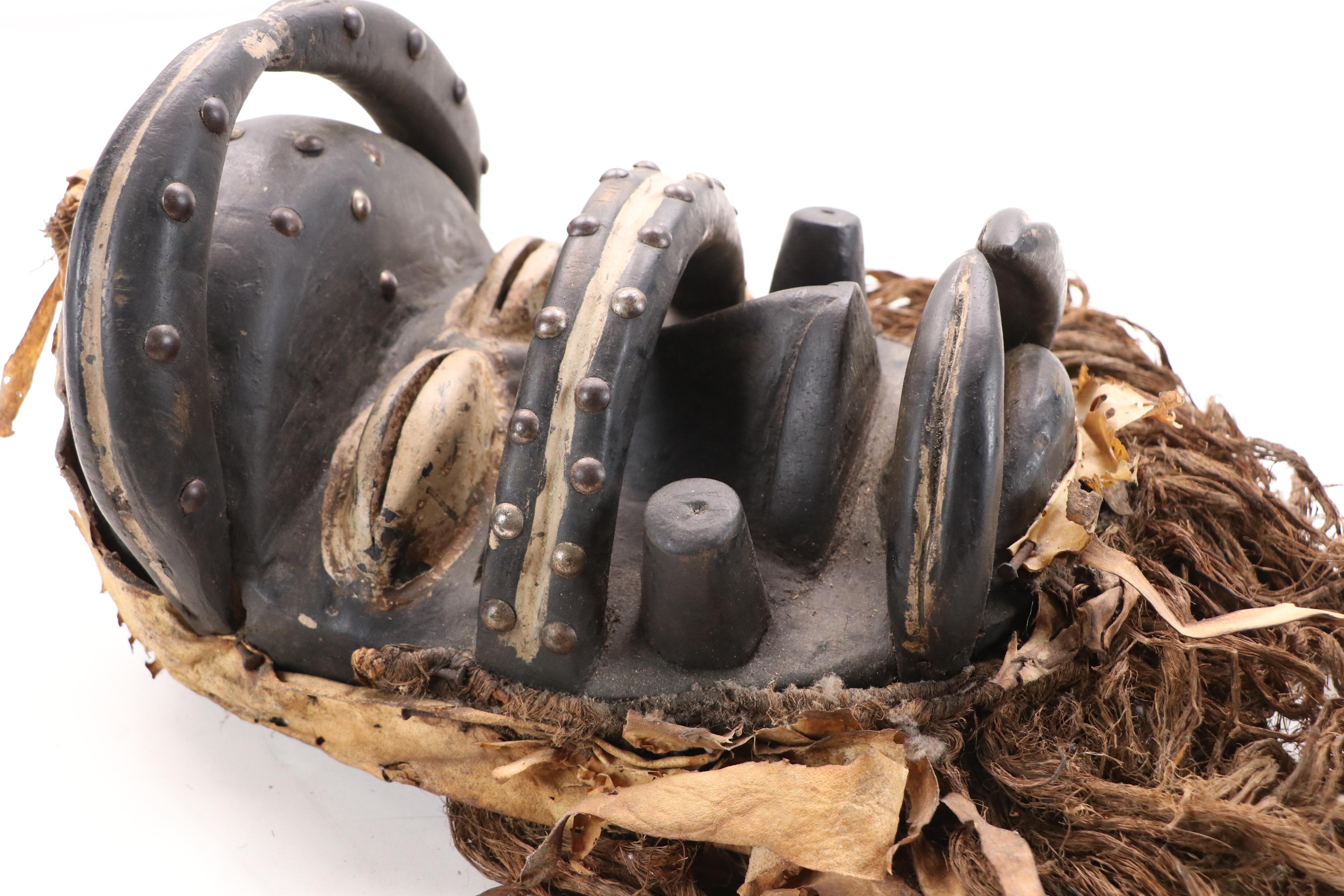 West African Style Hand-Carved Wooden Mask with Raffia Beard