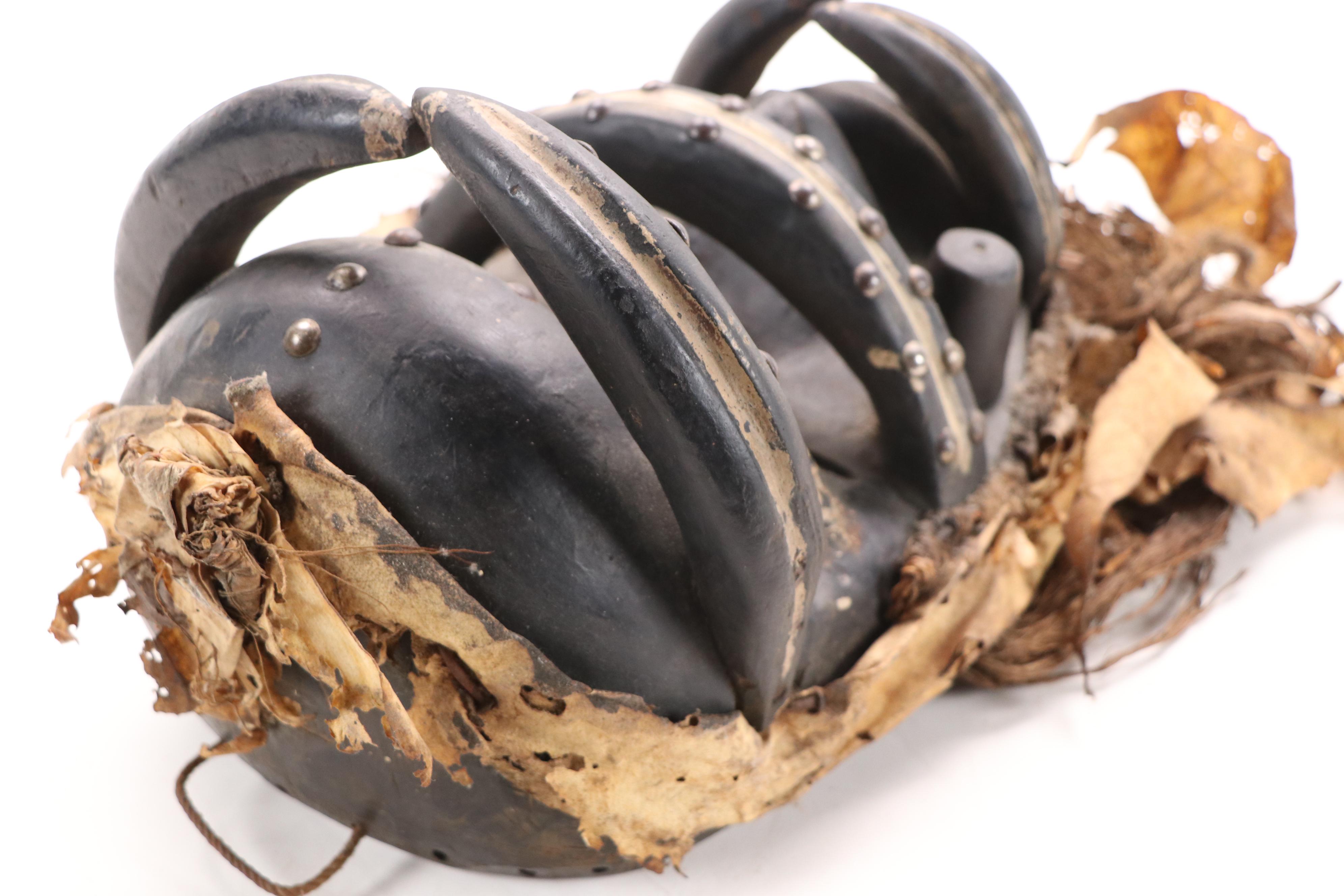 West African Style Hand-Carved Wooden Mask with Raffia Beard