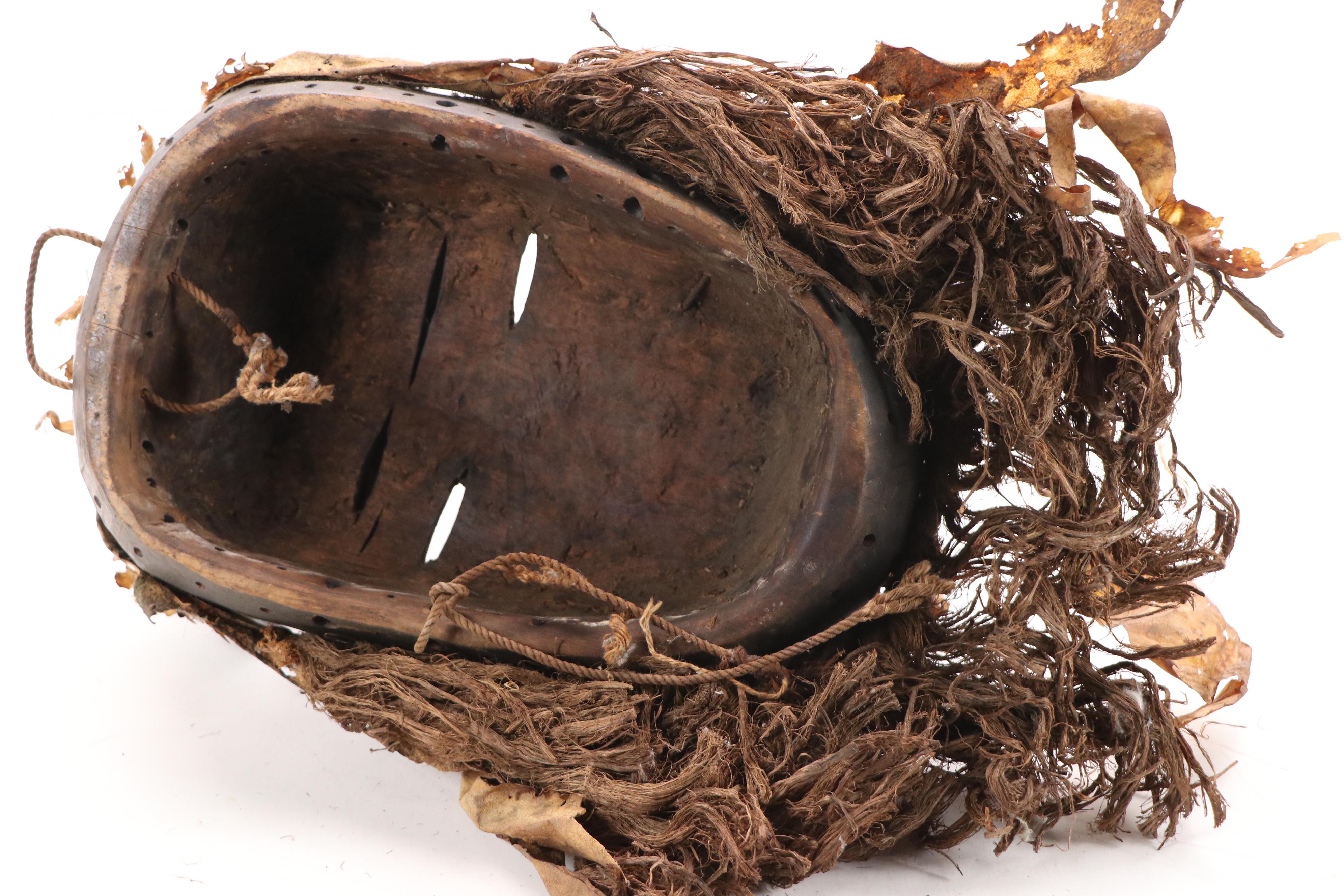 West African Style Hand-Carved Wooden Mask with Raffia Beard