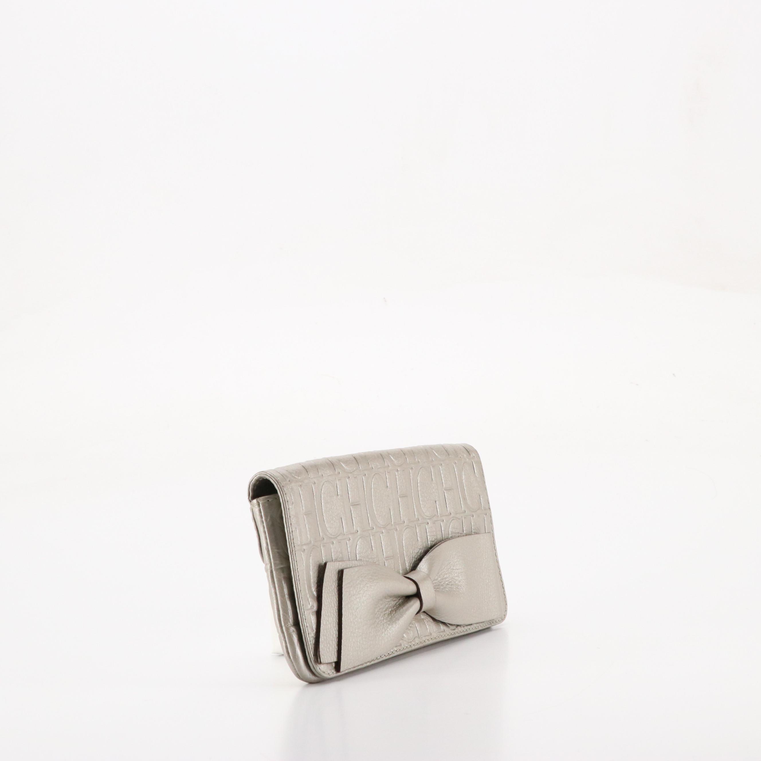 Carolina Herrera Audrey Bow Clutch in Silver Metallic Embossed Calfskin Leather