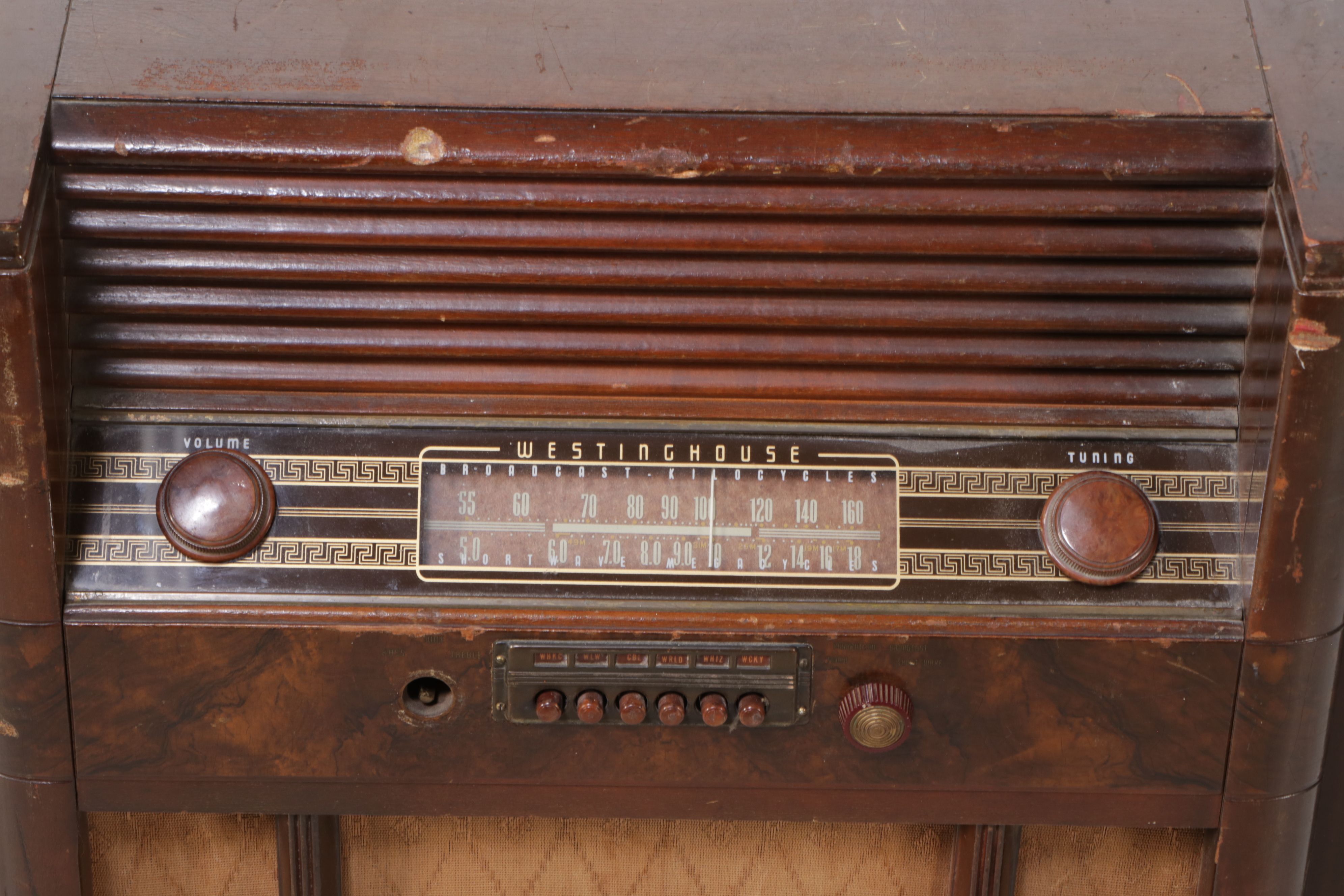 Westinghouse Console Burlwood and Bakelite Floor Model Radio