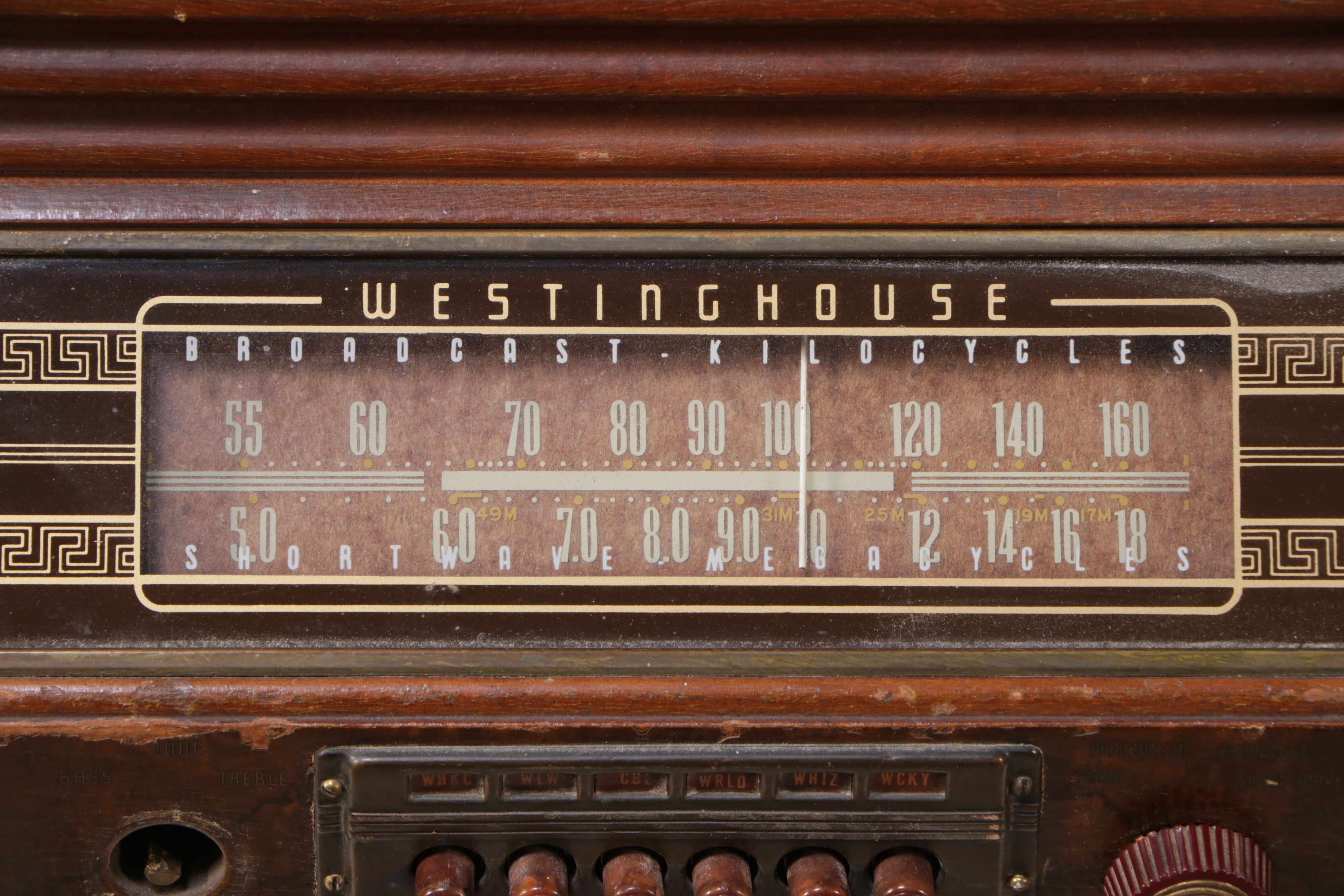 Westinghouse Console Burlwood and Bakelite Floor Model Radio