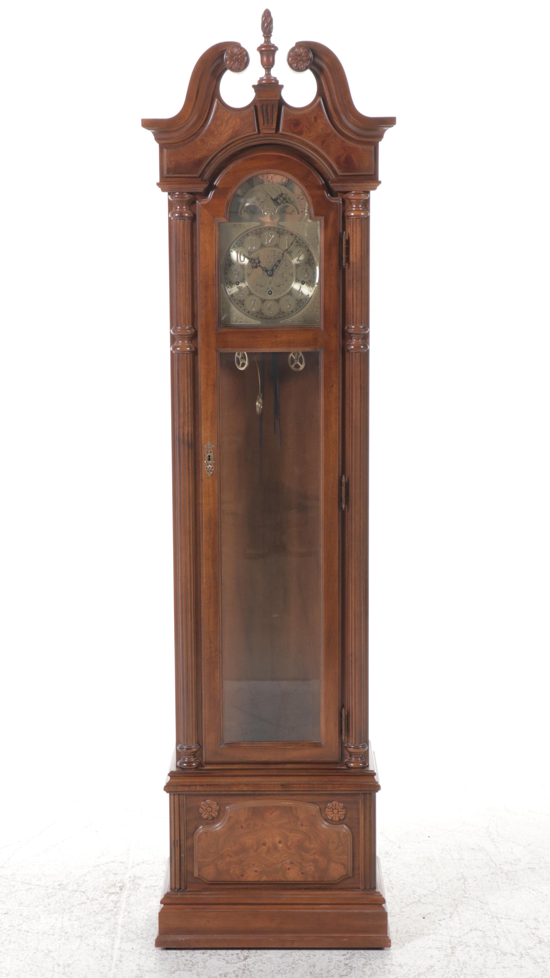 Pearl Mahogany and Burl Finished Wooden Grandfather Clock, 1980s