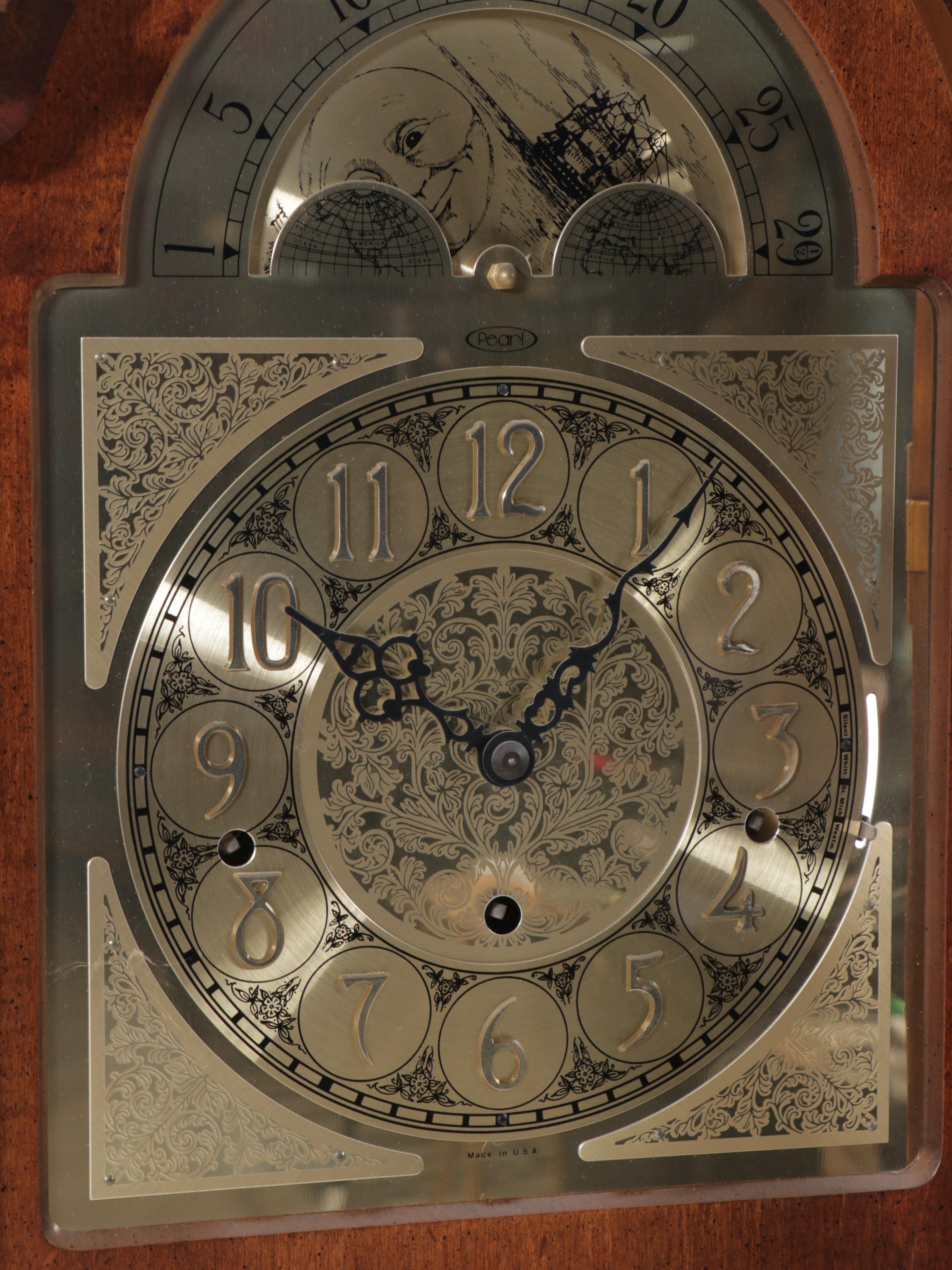 Pearl Mahogany and Burl Finished Wooden Grandfather Clock, 1980s