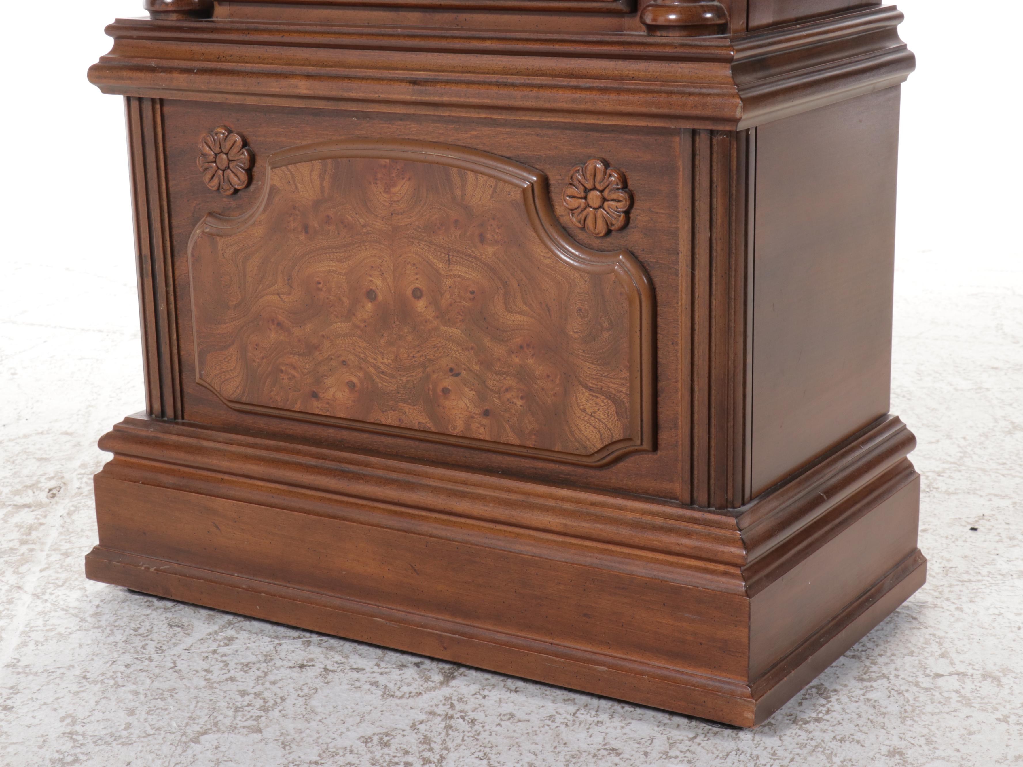 Pearl Mahogany and Burl Finished Wooden Grandfather Clock, 1980s