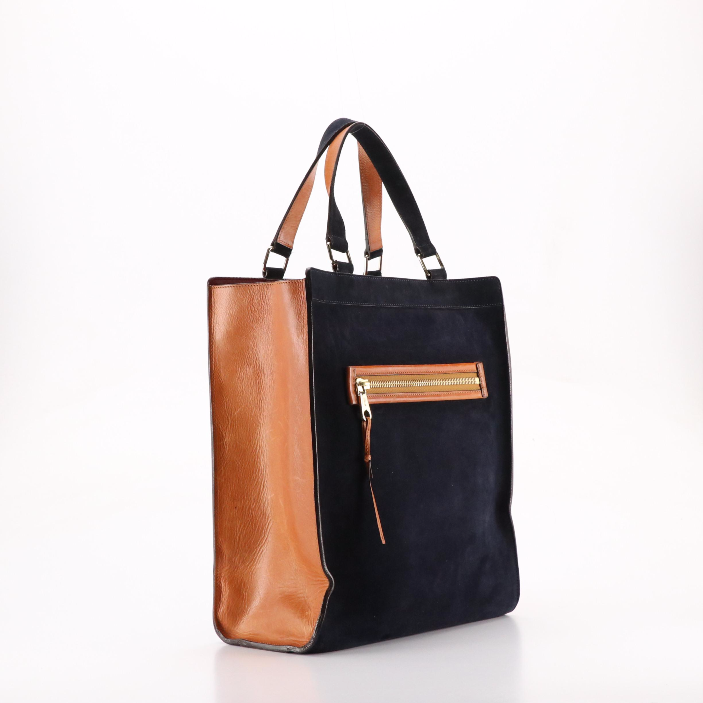 Chloé Lina Tote Bag in Ink Blue Suede and Caramel Brown Leather