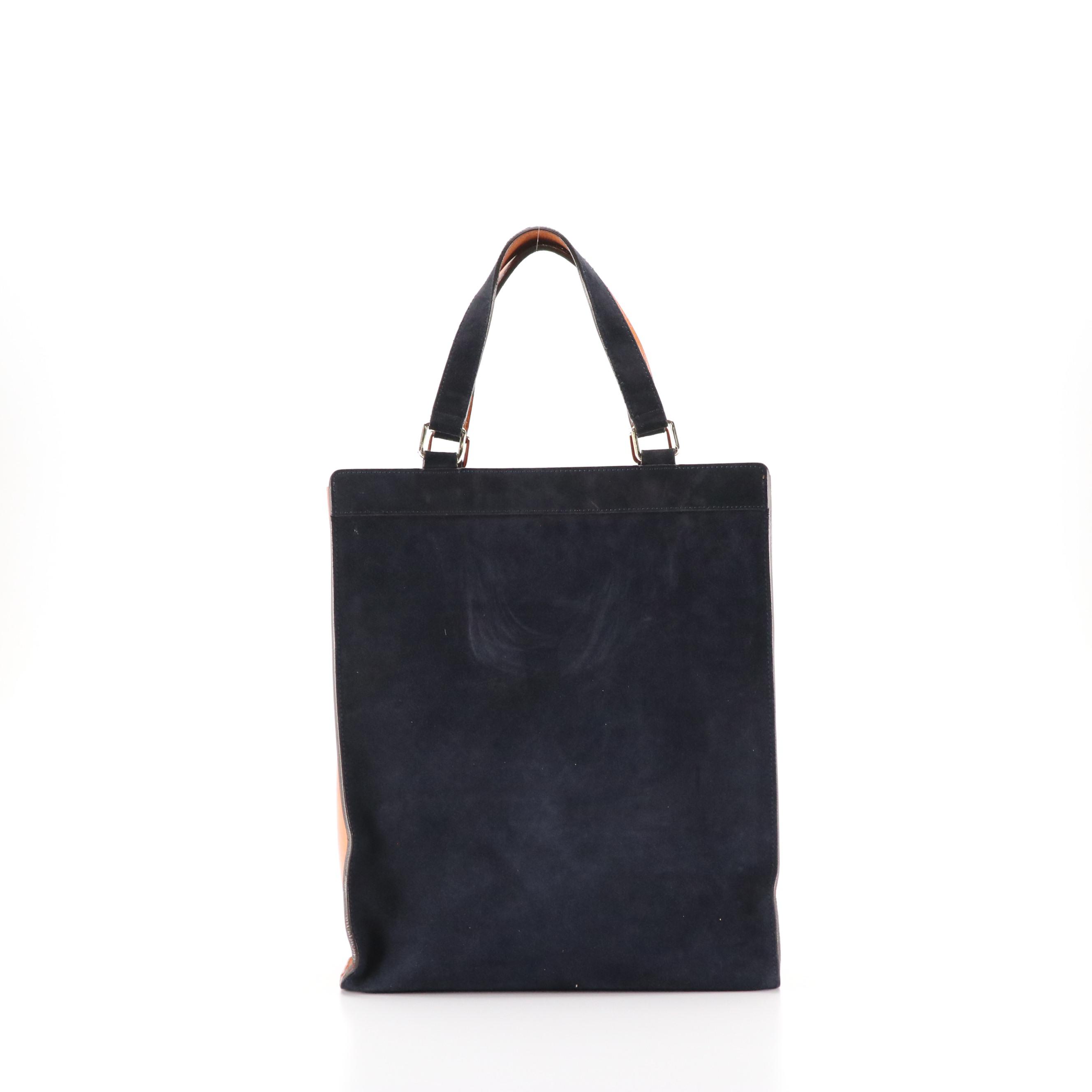 Chloé Lina Tote Bag in Ink Blue Suede and Caramel Brown Leather