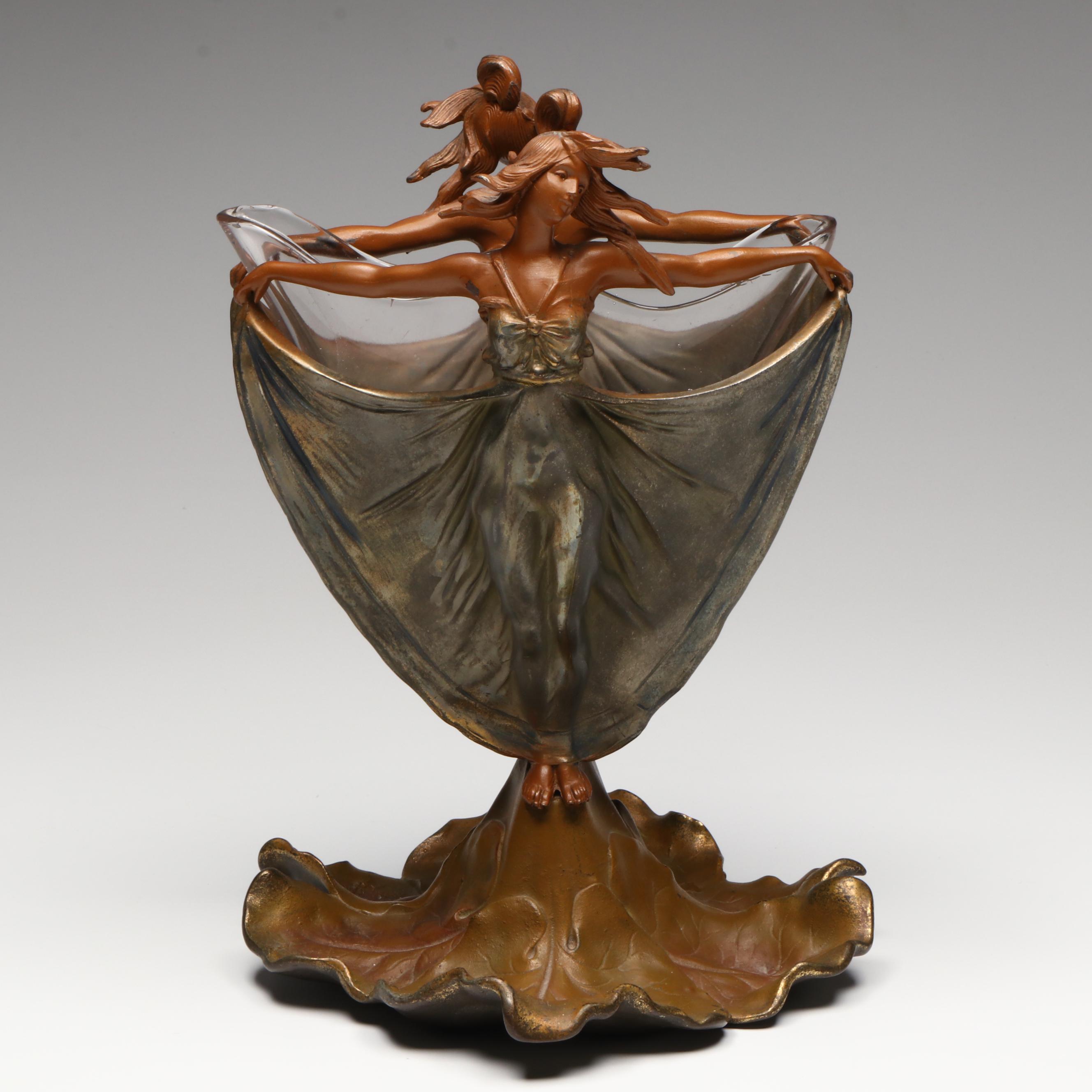 French Art Nouveau Style Two Nymphs Bronzed Metal Vase with Glass Insert
