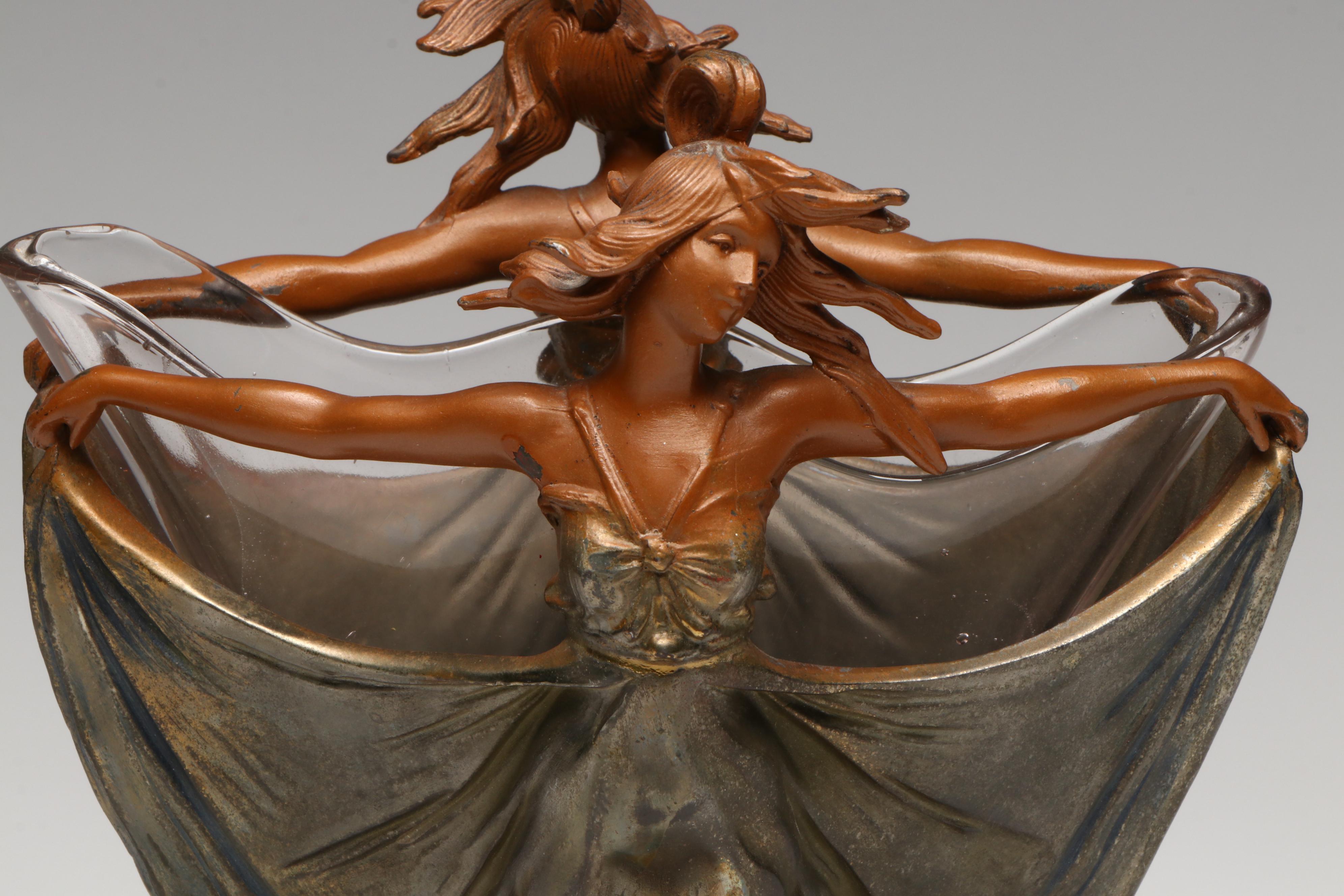 French Art Nouveau Style Two Nymphs Bronzed Metal Vase with Glass Insert