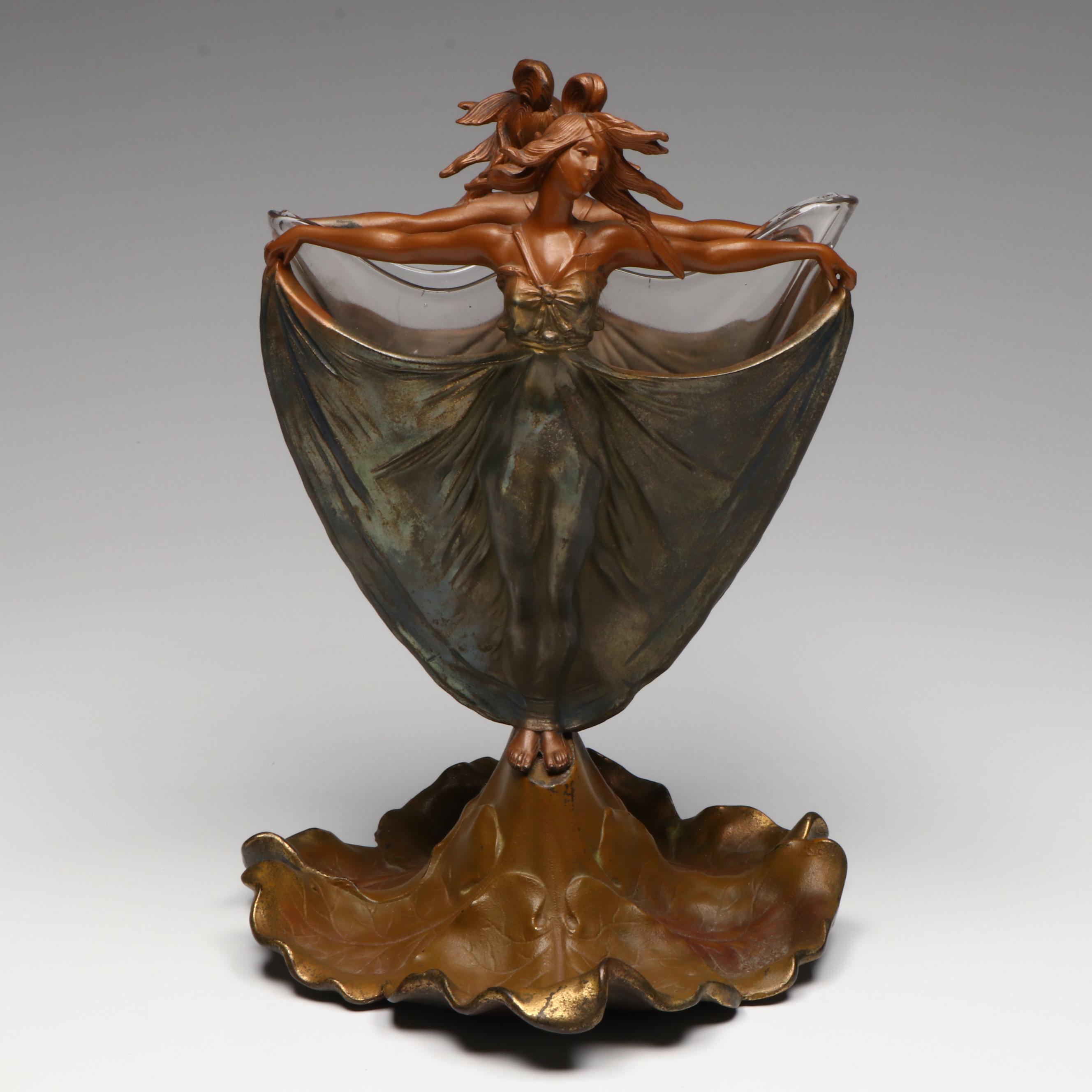 French Art Nouveau Style Two Nymphs Bronzed Metal Vase with Glass Insert