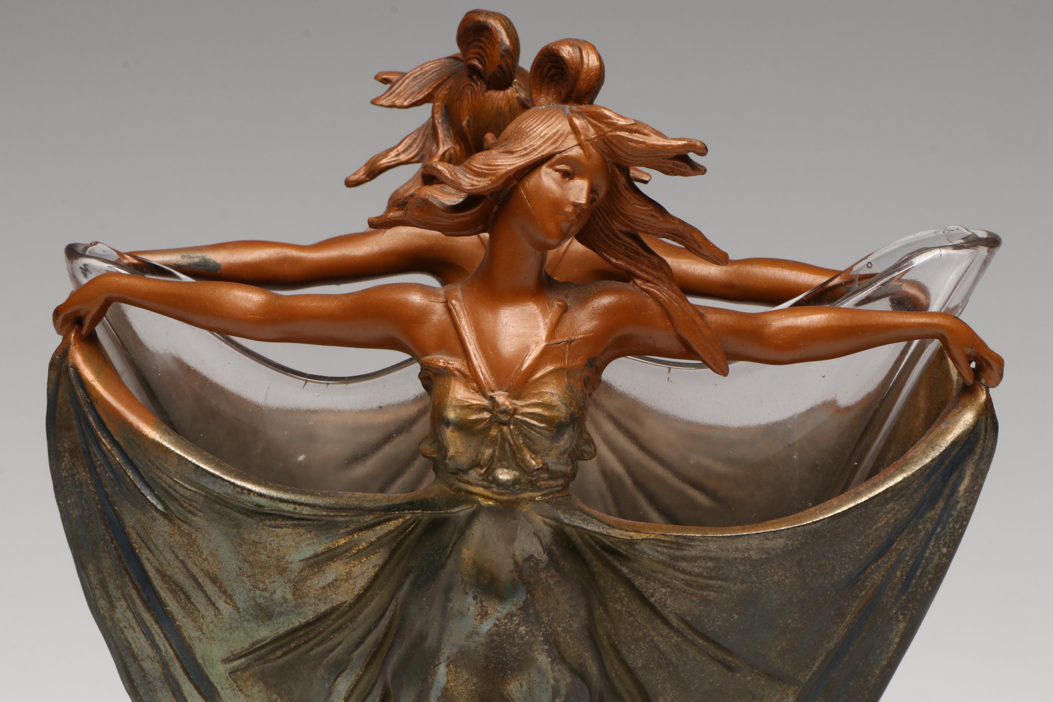 French Art Nouveau Style Two Nymphs Bronzed Metal Vase with Glass Insert