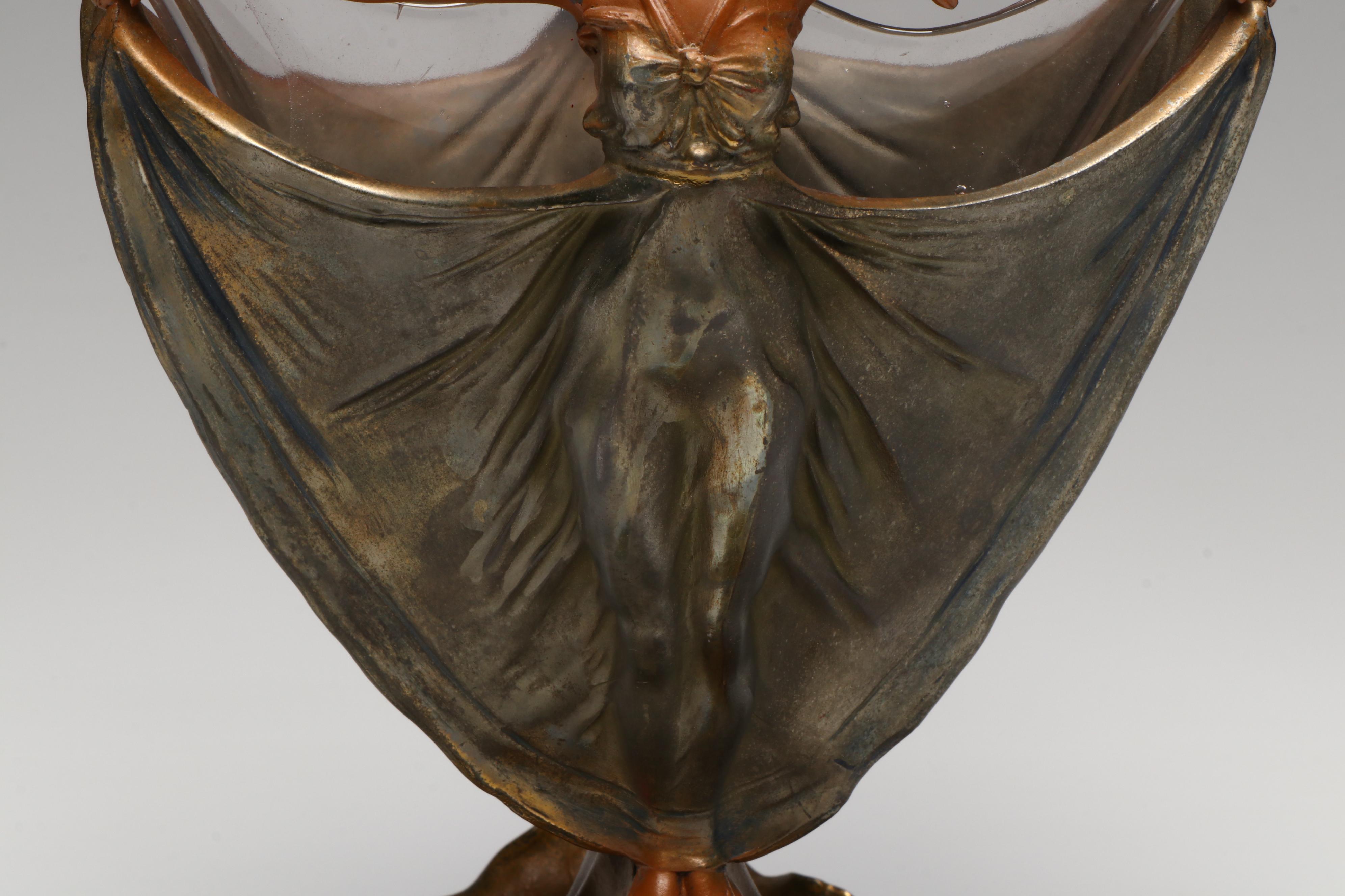 French Art Nouveau Style Two Nymphs Bronzed Metal Vase with Glass Insert