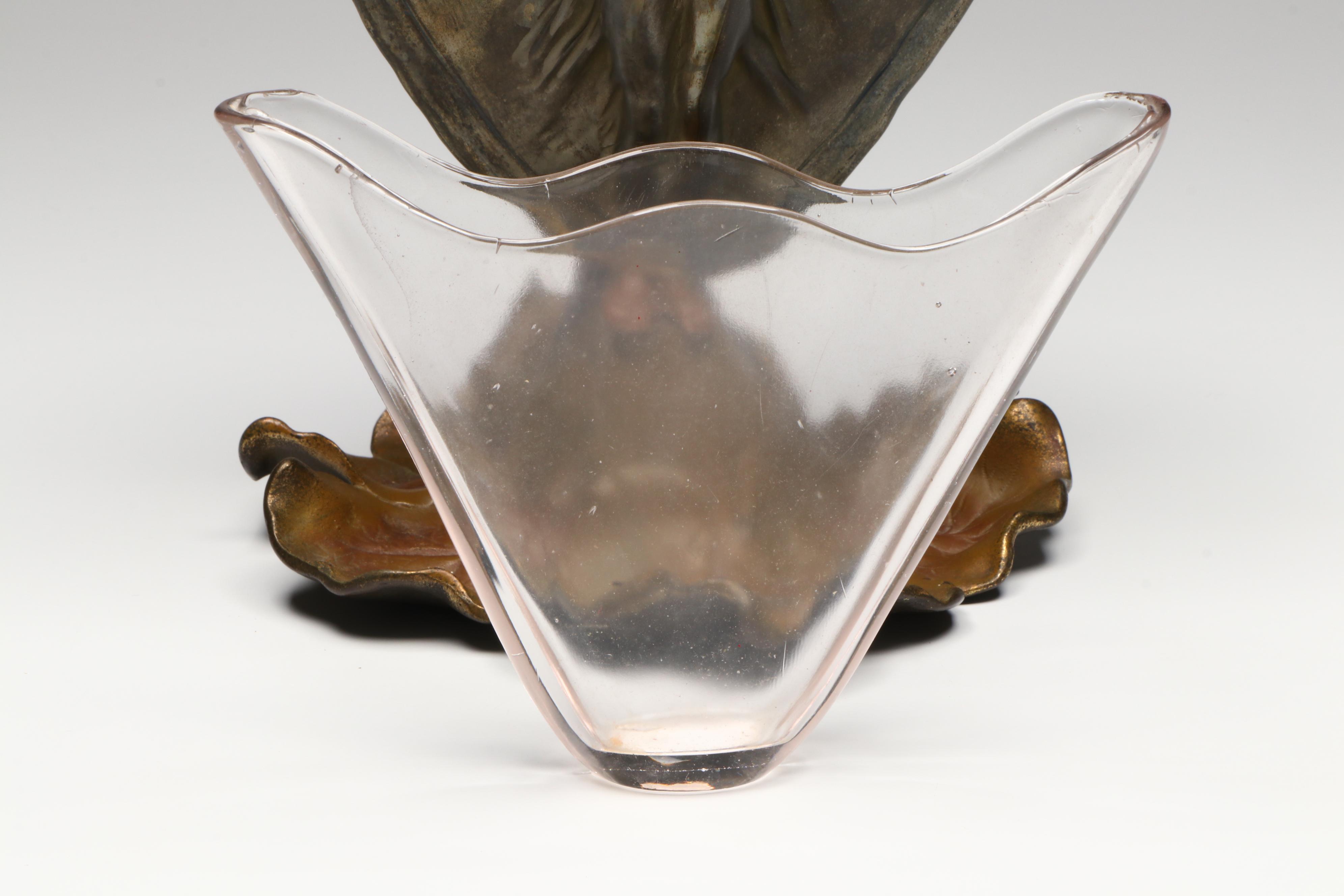 French Art Nouveau Style Two Nymphs Bronzed Metal Vase with Glass Insert