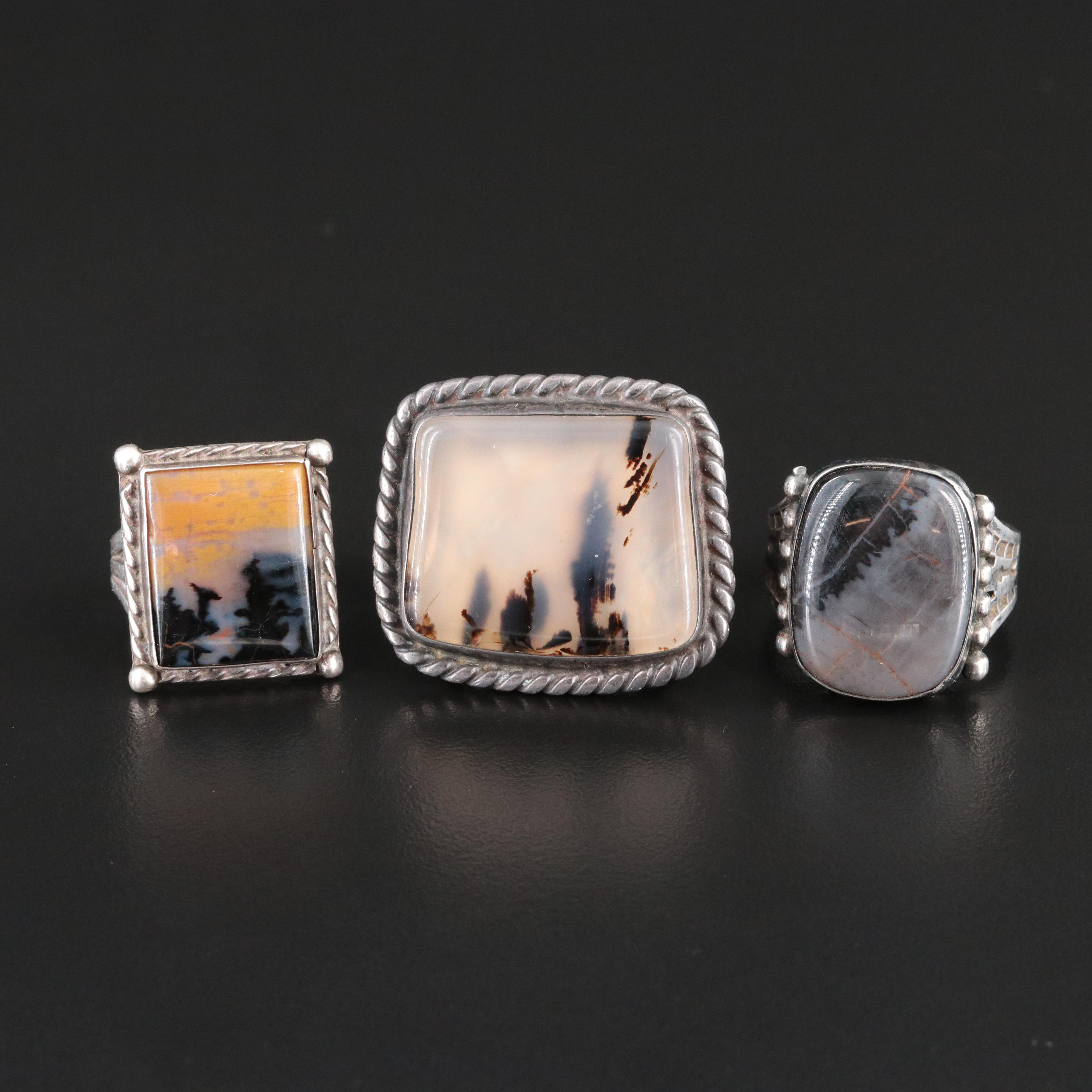 Vintage Southwestern Sterling Agate Ring Trio