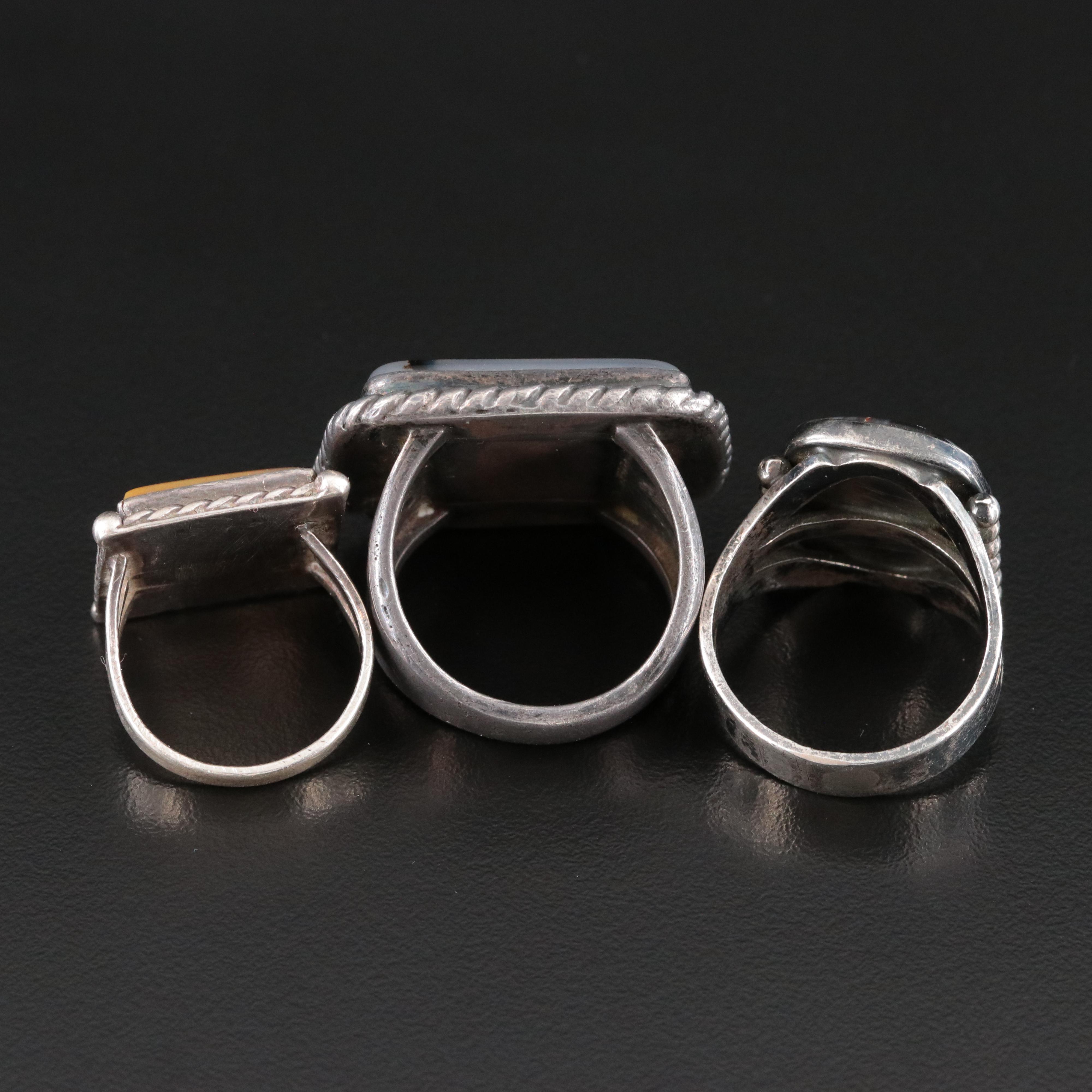 Vintage Southwestern Sterling Agate Ring Trio