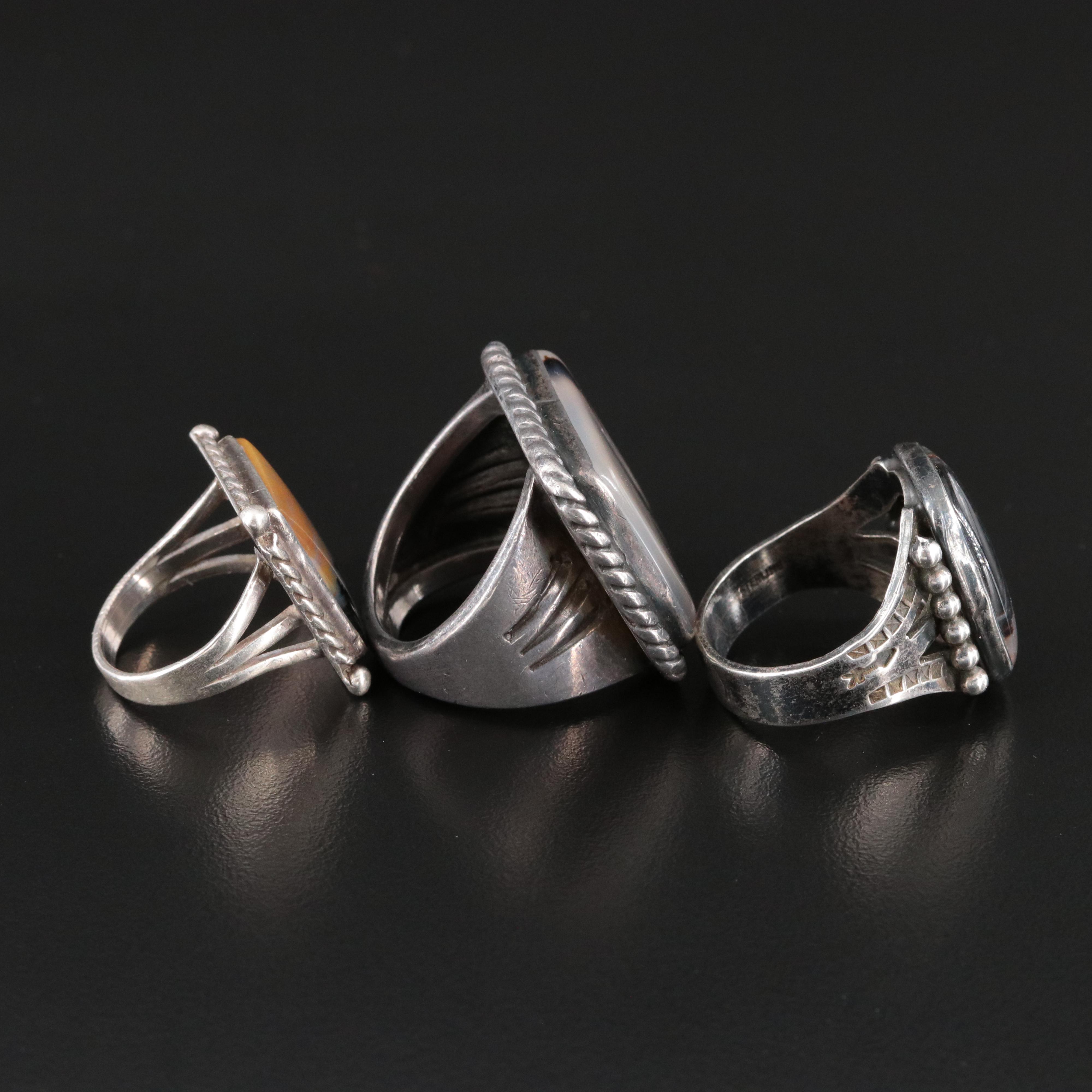 Vintage Southwestern Sterling Agate Ring Trio