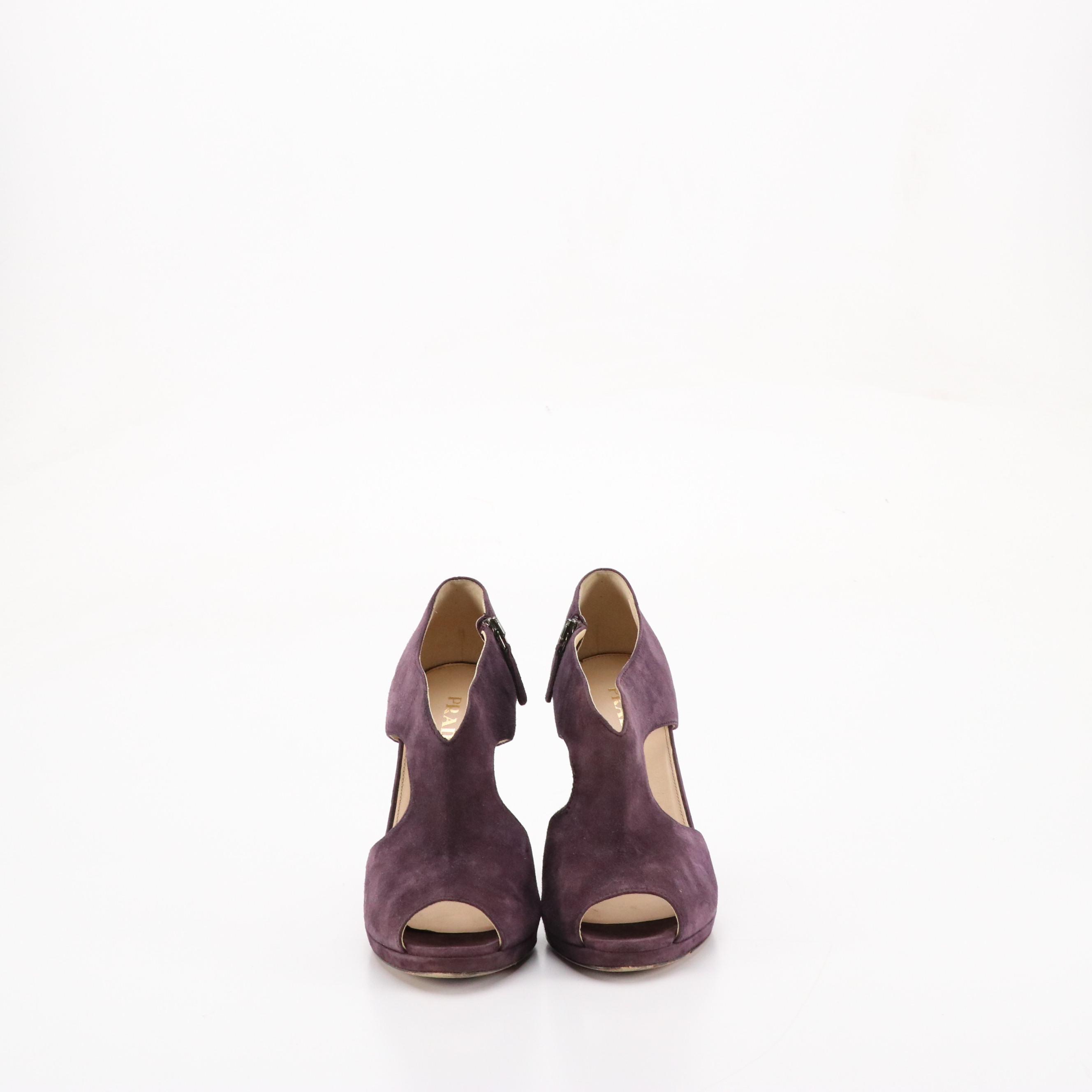 Prada Cutout Peep-Toe Pumps in Plum Purple Suede