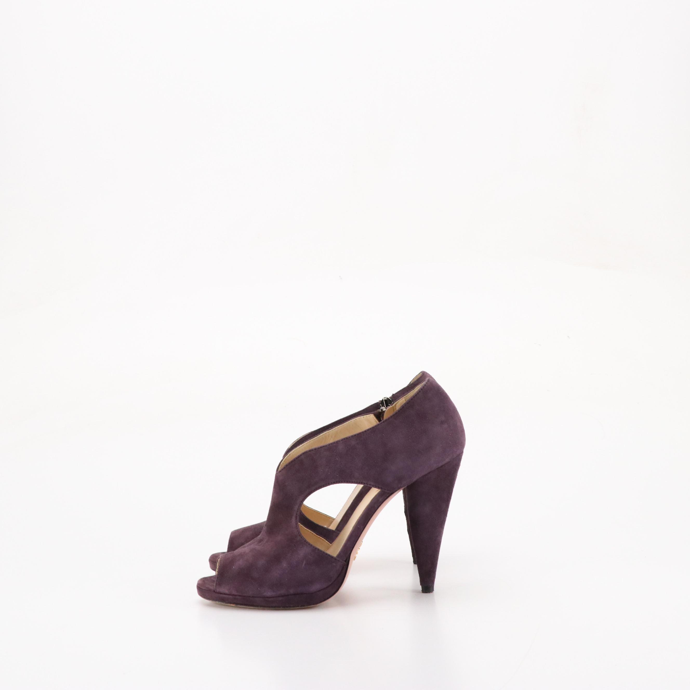 Prada Cutout Peep-Toe Pumps in Plum Purple Suede