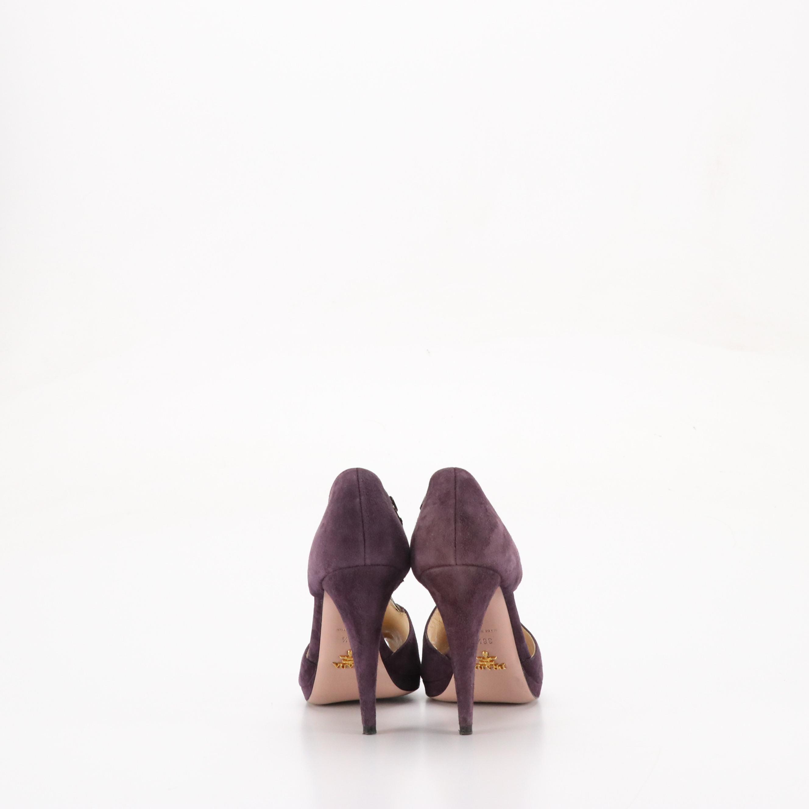 Prada Cutout Peep-Toe Pumps in Plum Purple Suede