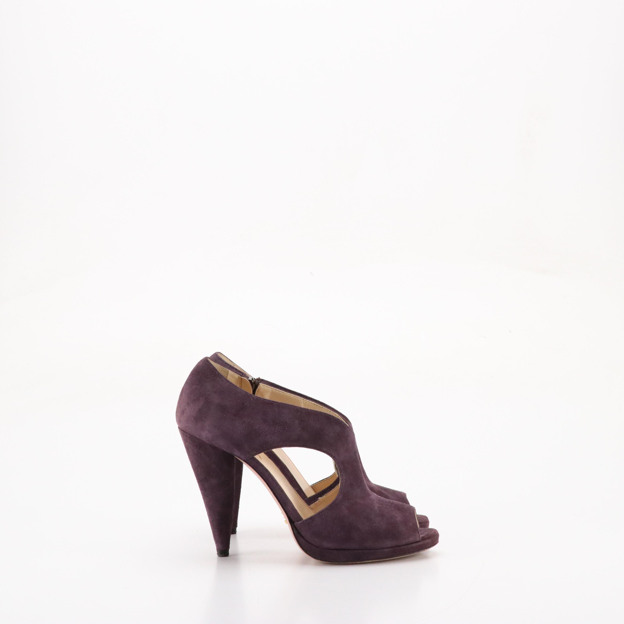 Prada Cutout Peep-Toe Pumps in Plum Purple Suede