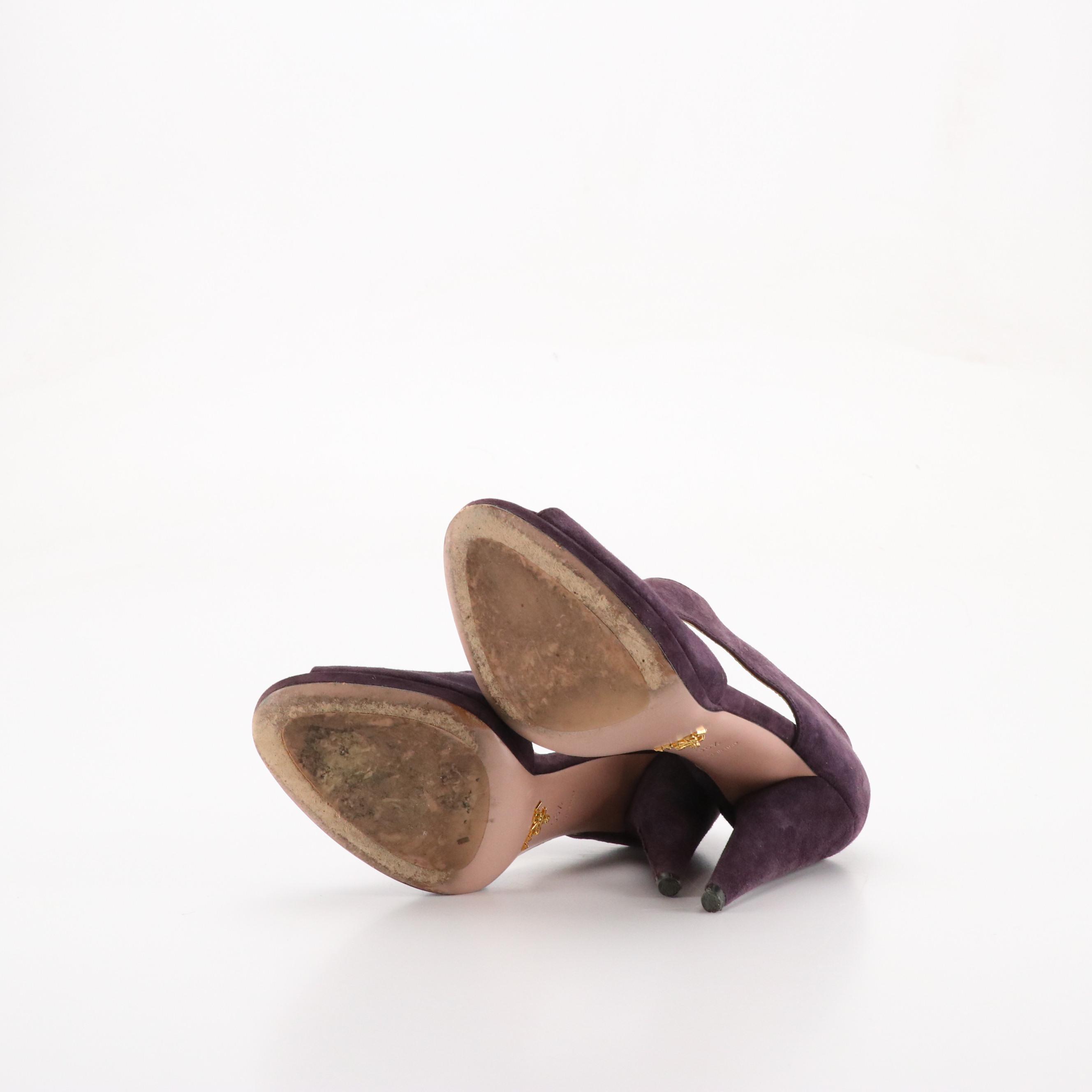 Prada Cutout Peep-Toe Pumps in Plum Purple Suede