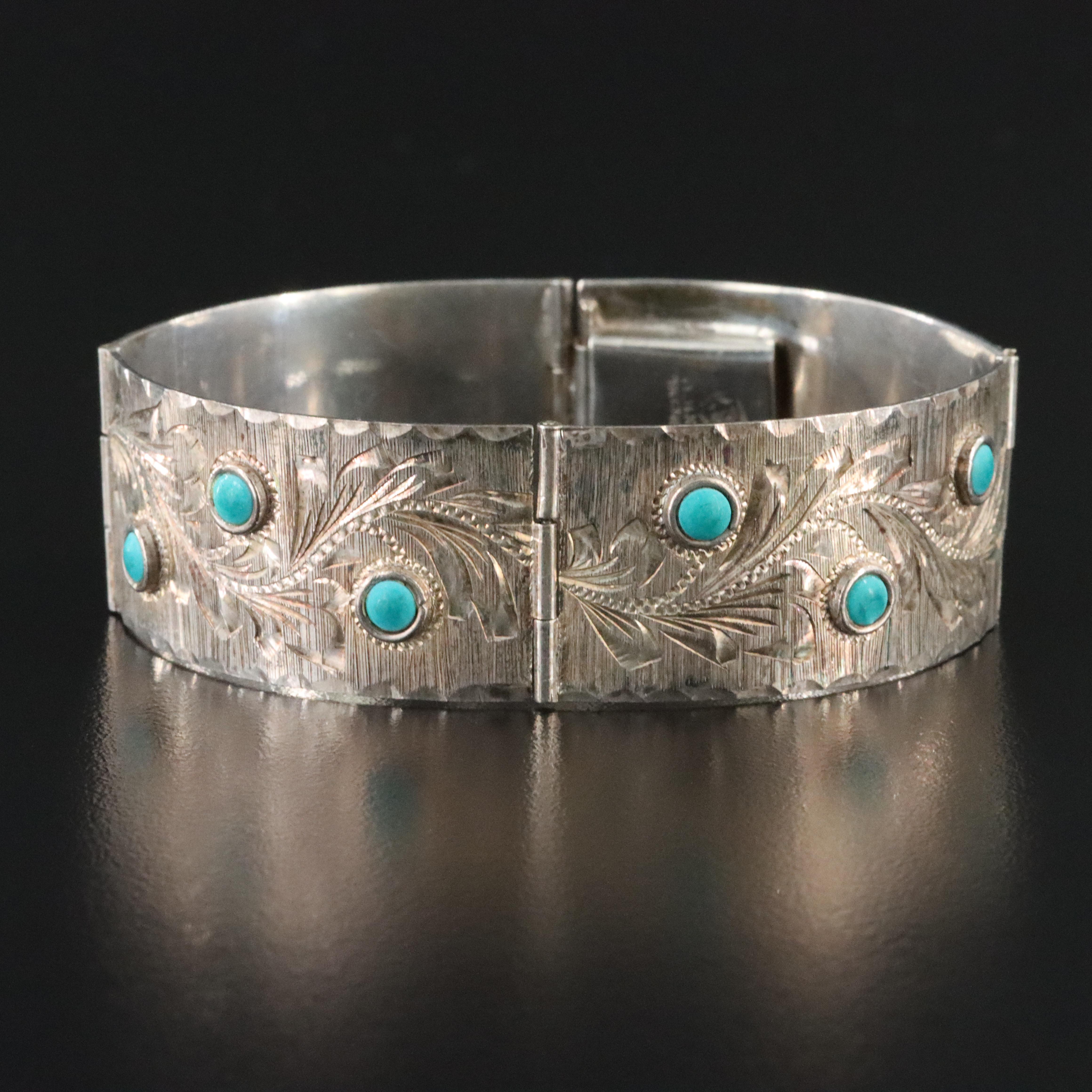 Mexican Sterling Turquoise Stampwork Panel Bracelet