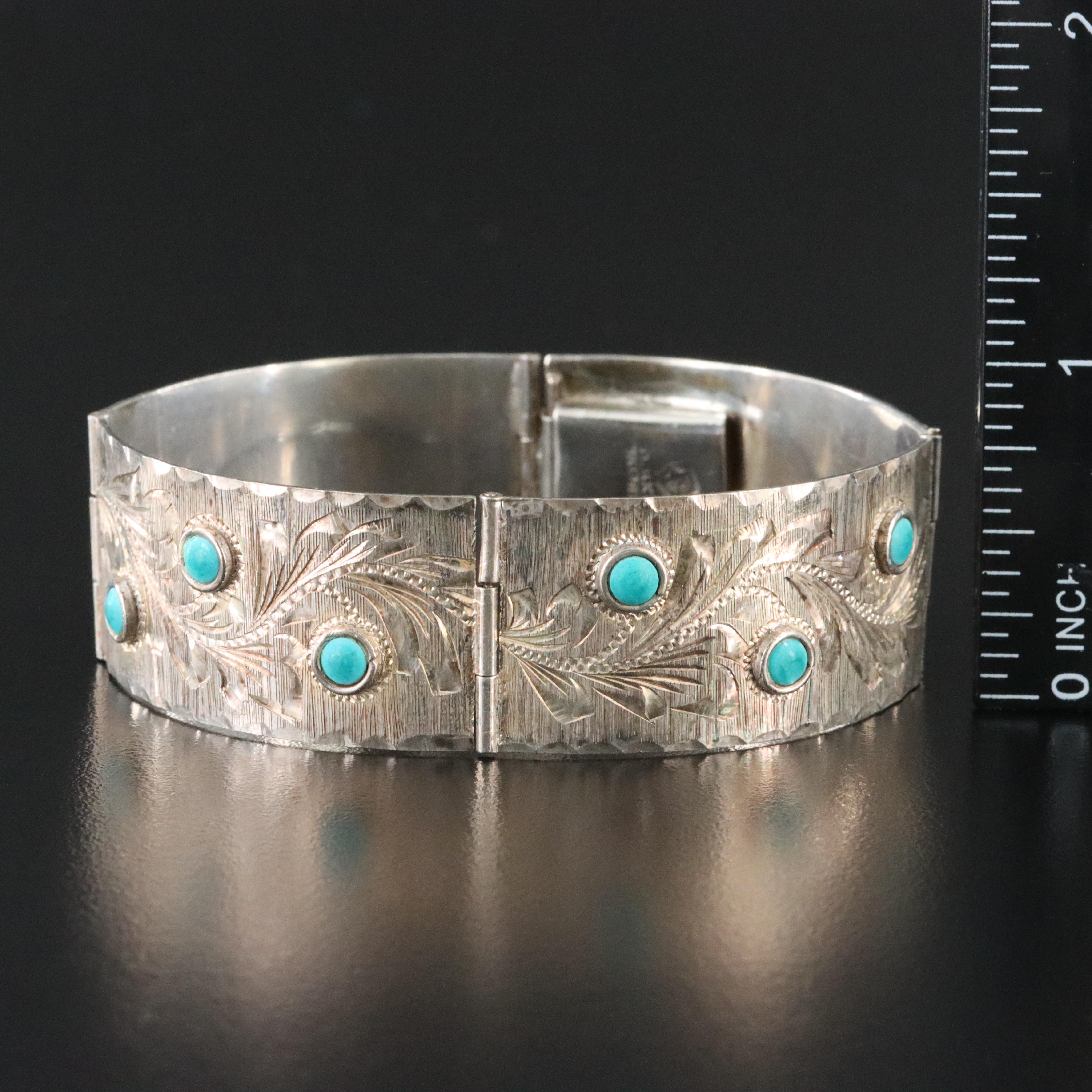 Mexican Sterling Turquoise Stampwork Panel Bracelet
