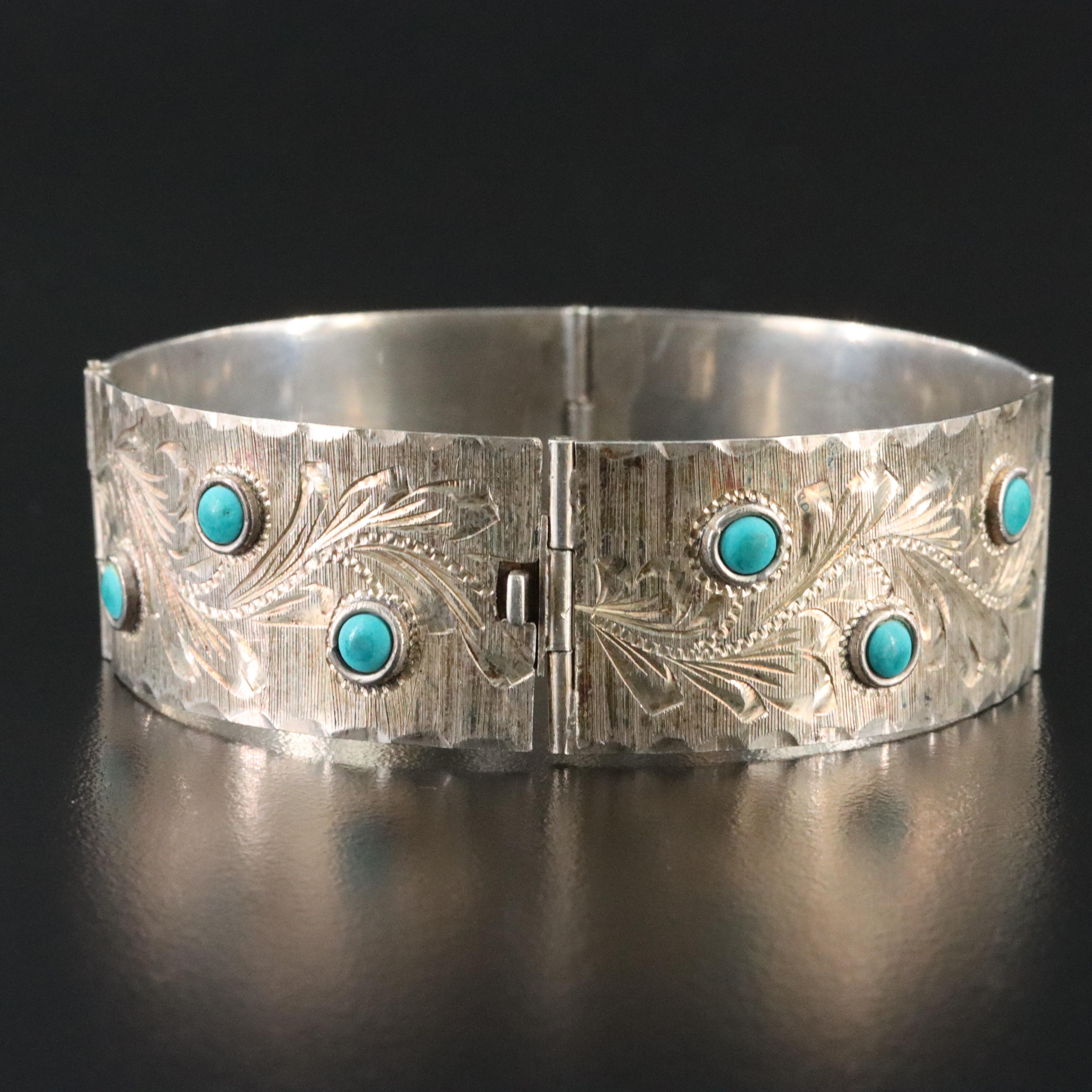 Mexican Sterling Turquoise Stampwork Panel Bracelet