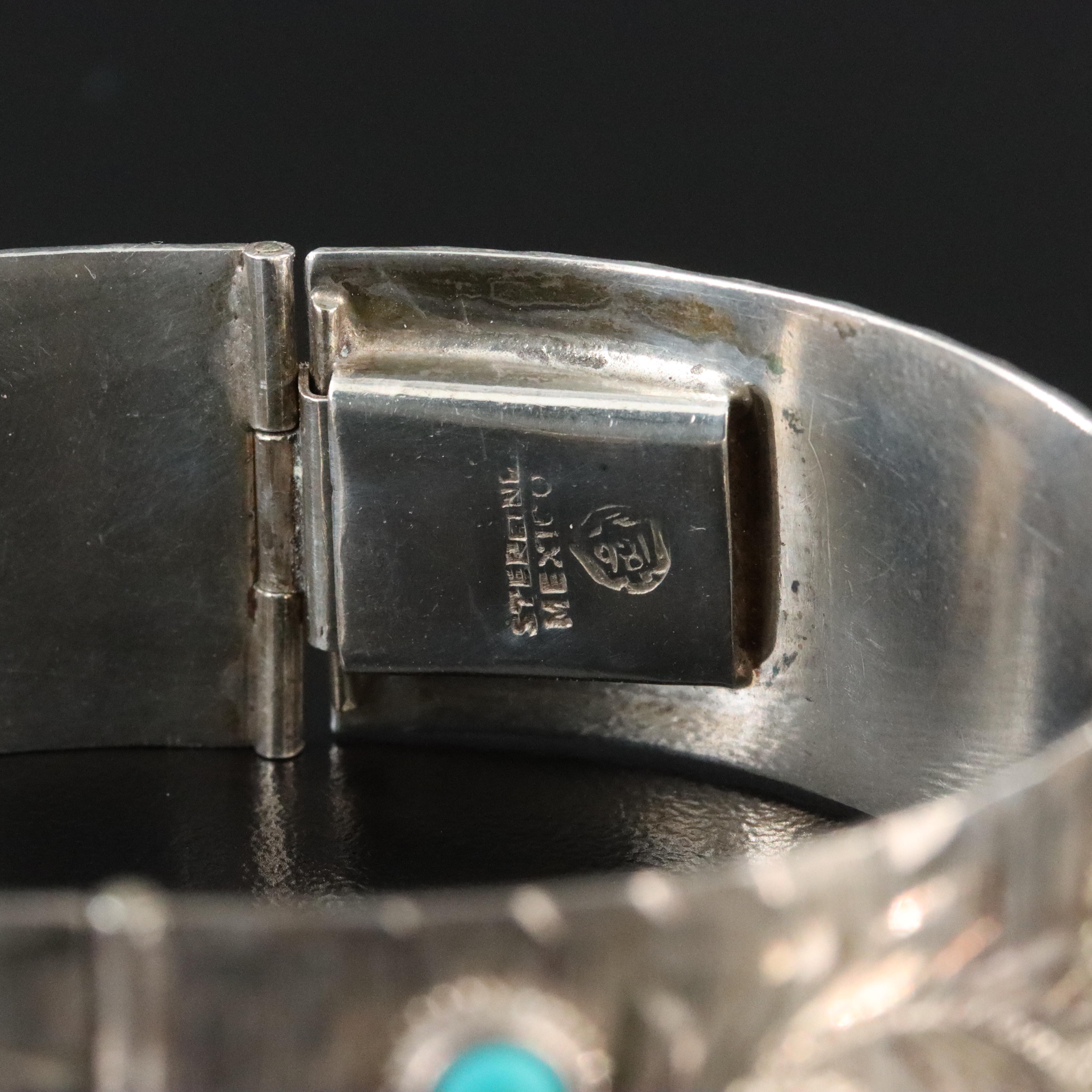 Mexican Sterling Turquoise Stampwork Panel Bracelet