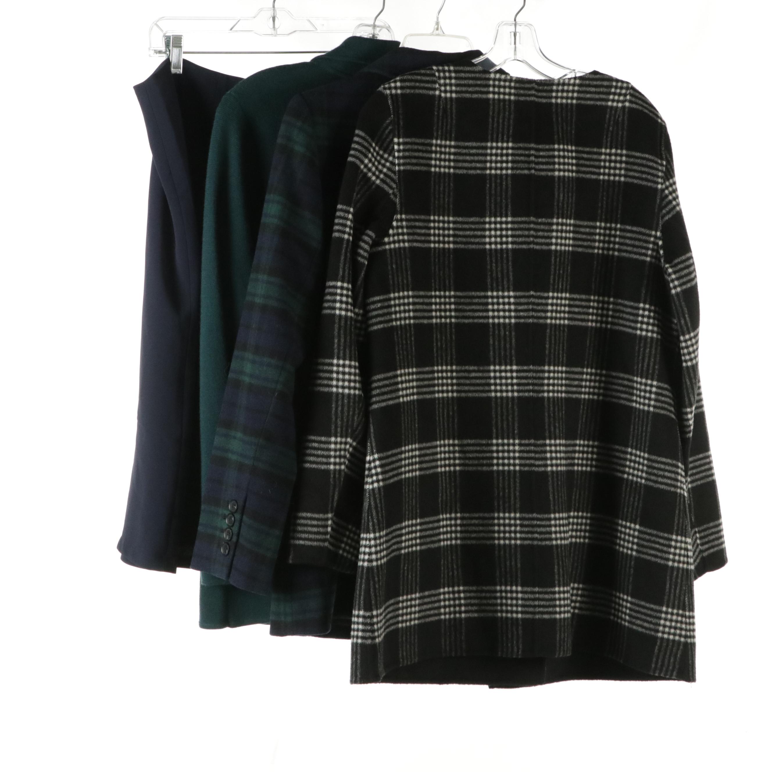 Talbots Flounce Hem Skirt, Plaid Blazer, Knit Jacket, and Double-Face Car Coat