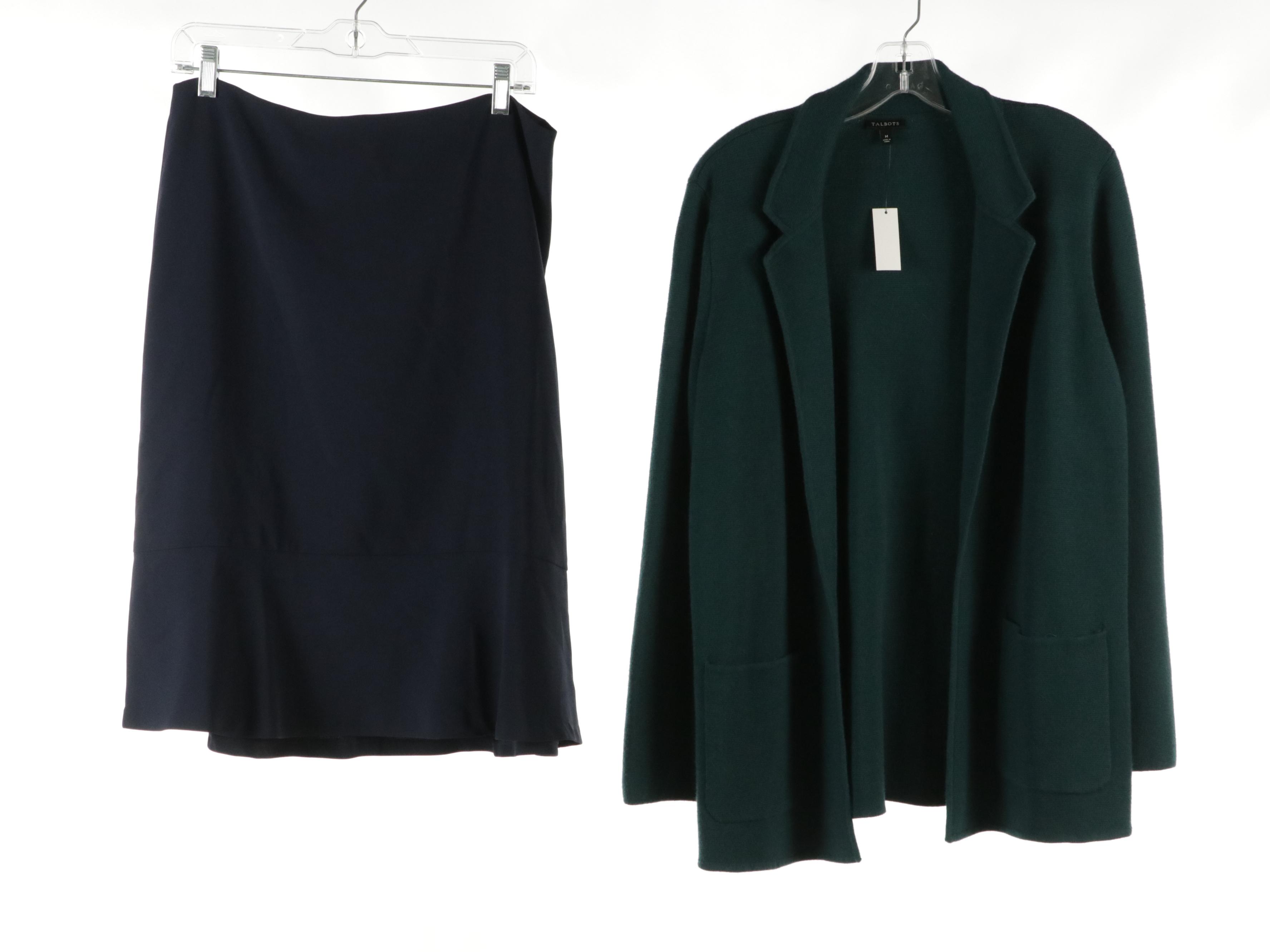 Talbots Flounce Hem Skirt, Plaid Blazer, Knit Jacket, and Double-Face Car Coat