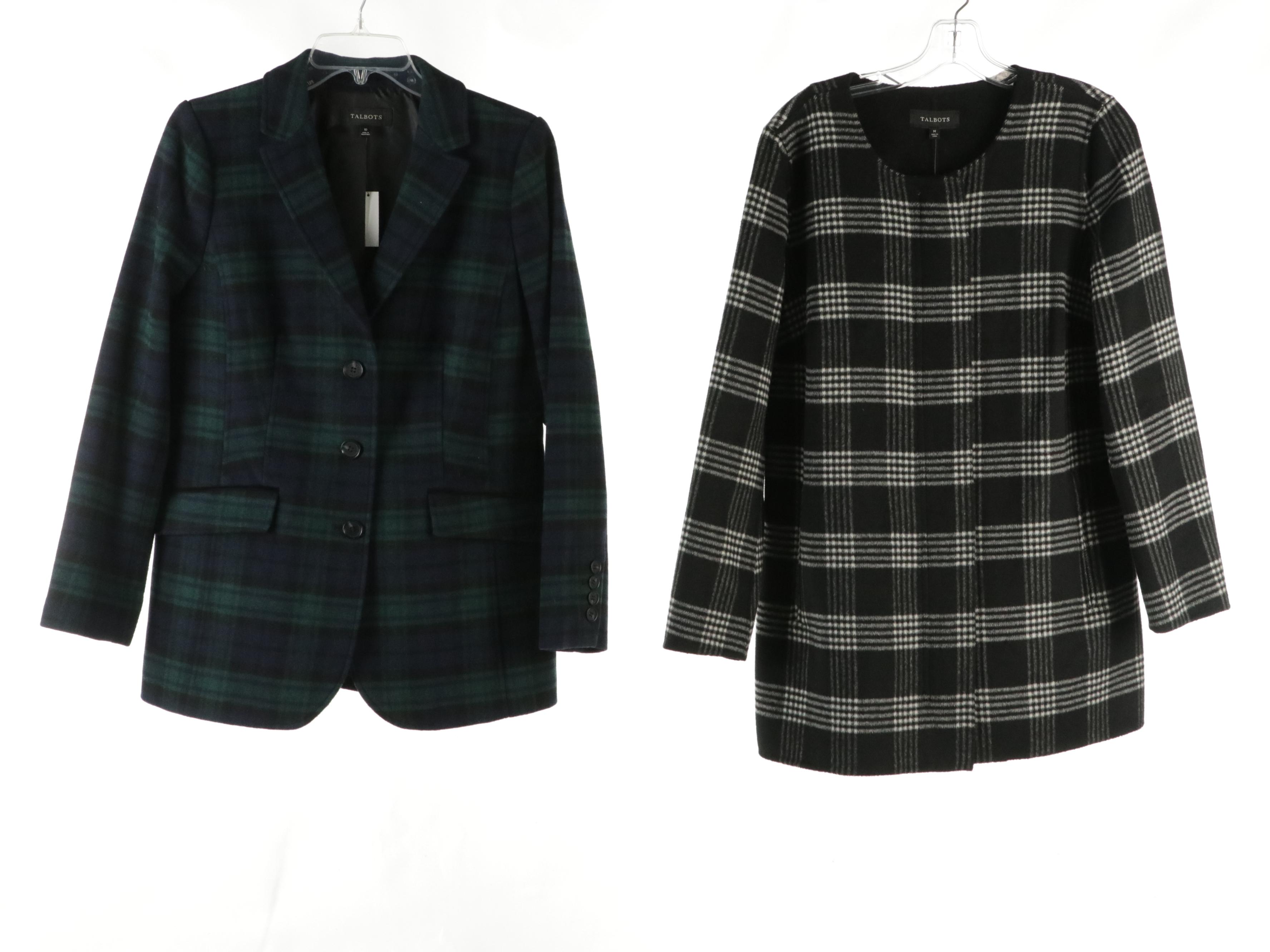 Talbots Flounce Hem Skirt, Plaid Blazer, Knit Jacket, and Double-Face Car Coat