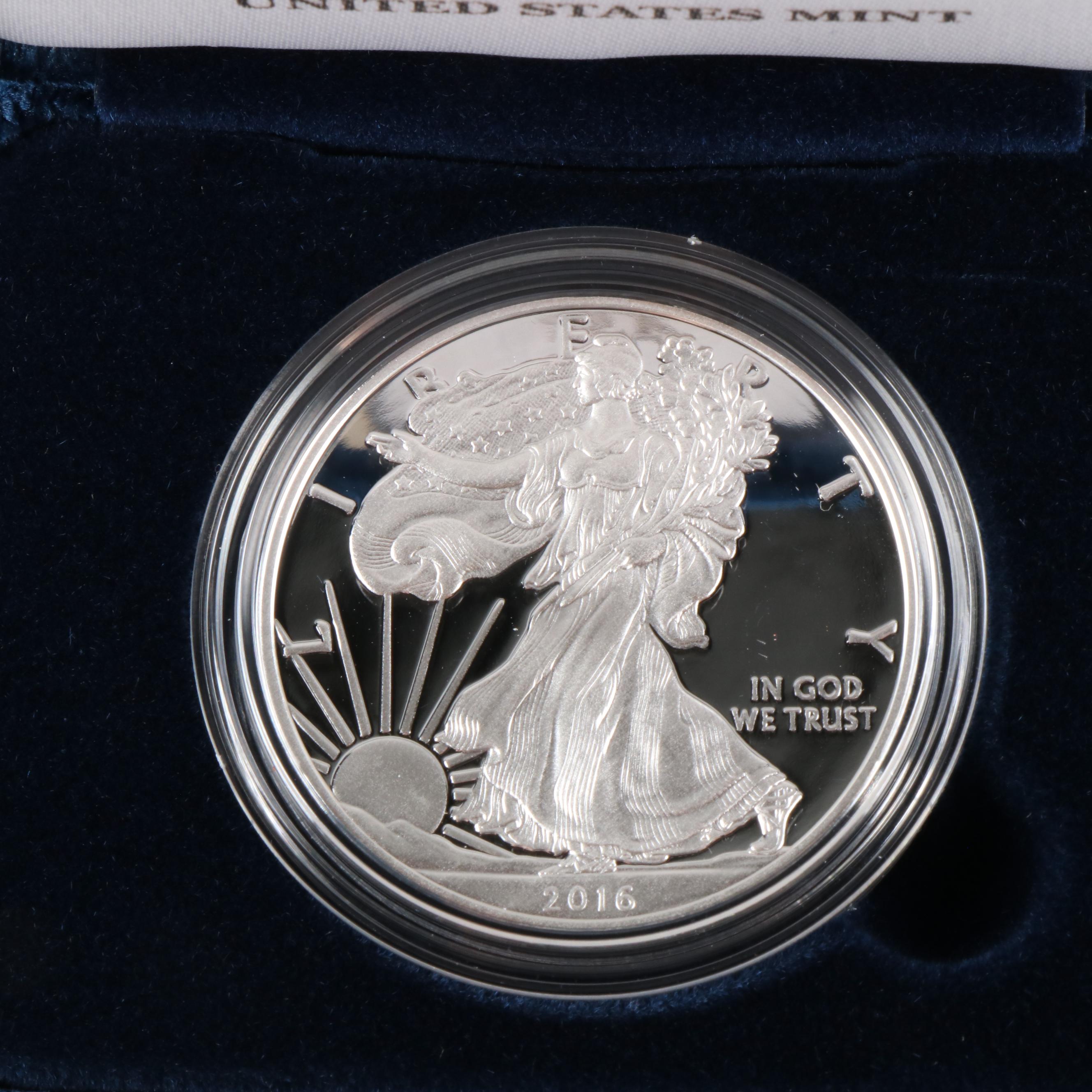Three U.S. Silver Eagle Proof Coins 2015, 2016, and 2018