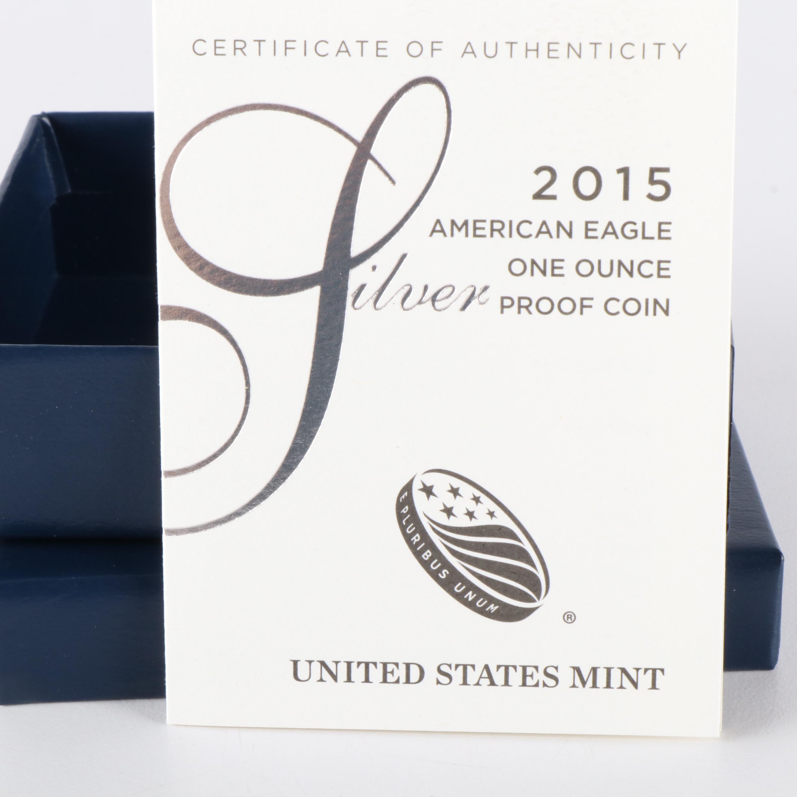 Three U.S. Silver Eagle Proof Coins 2015, 2016, and 2018