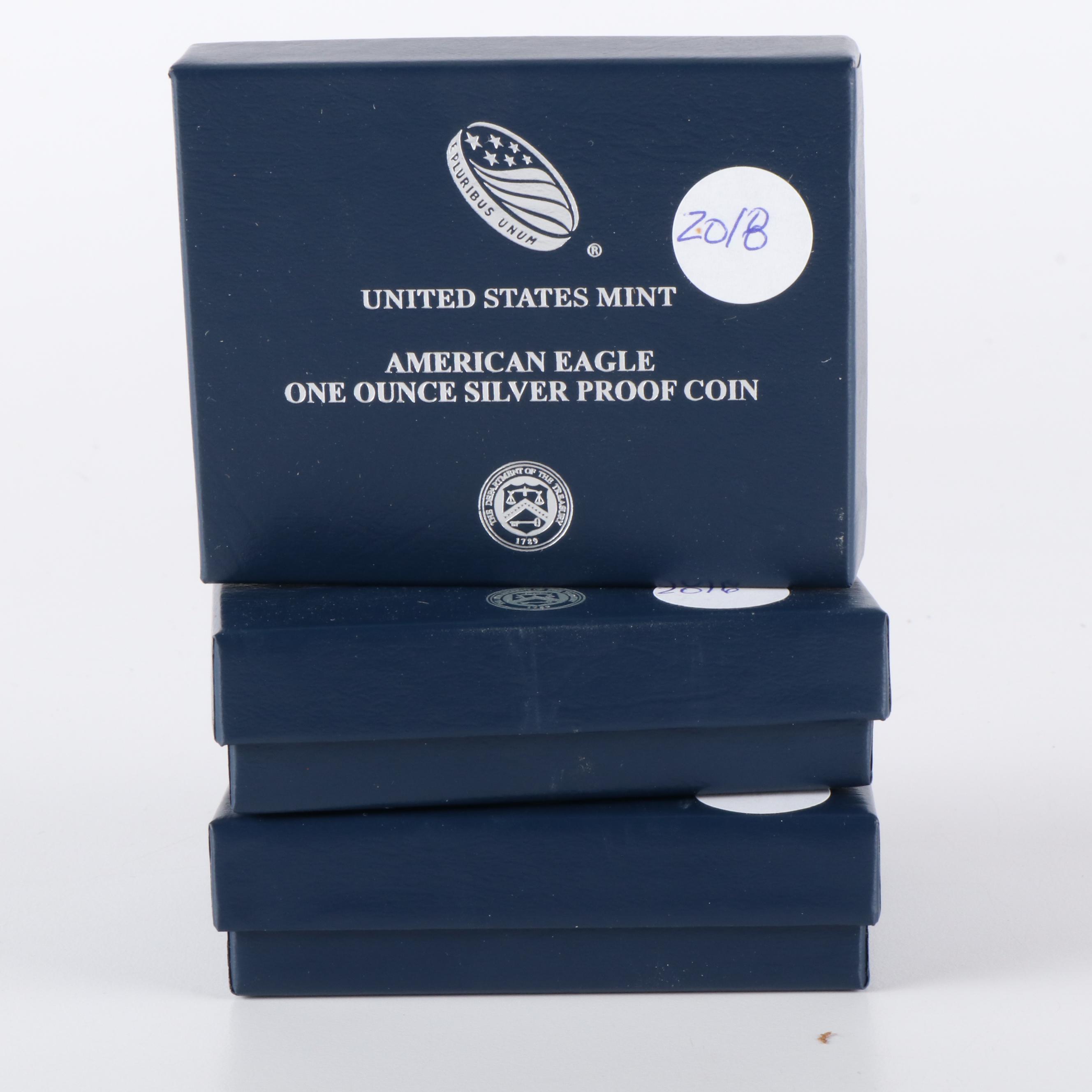 Three U.S. Silver Eagle Proof Coins 2015, 2016, and 2018