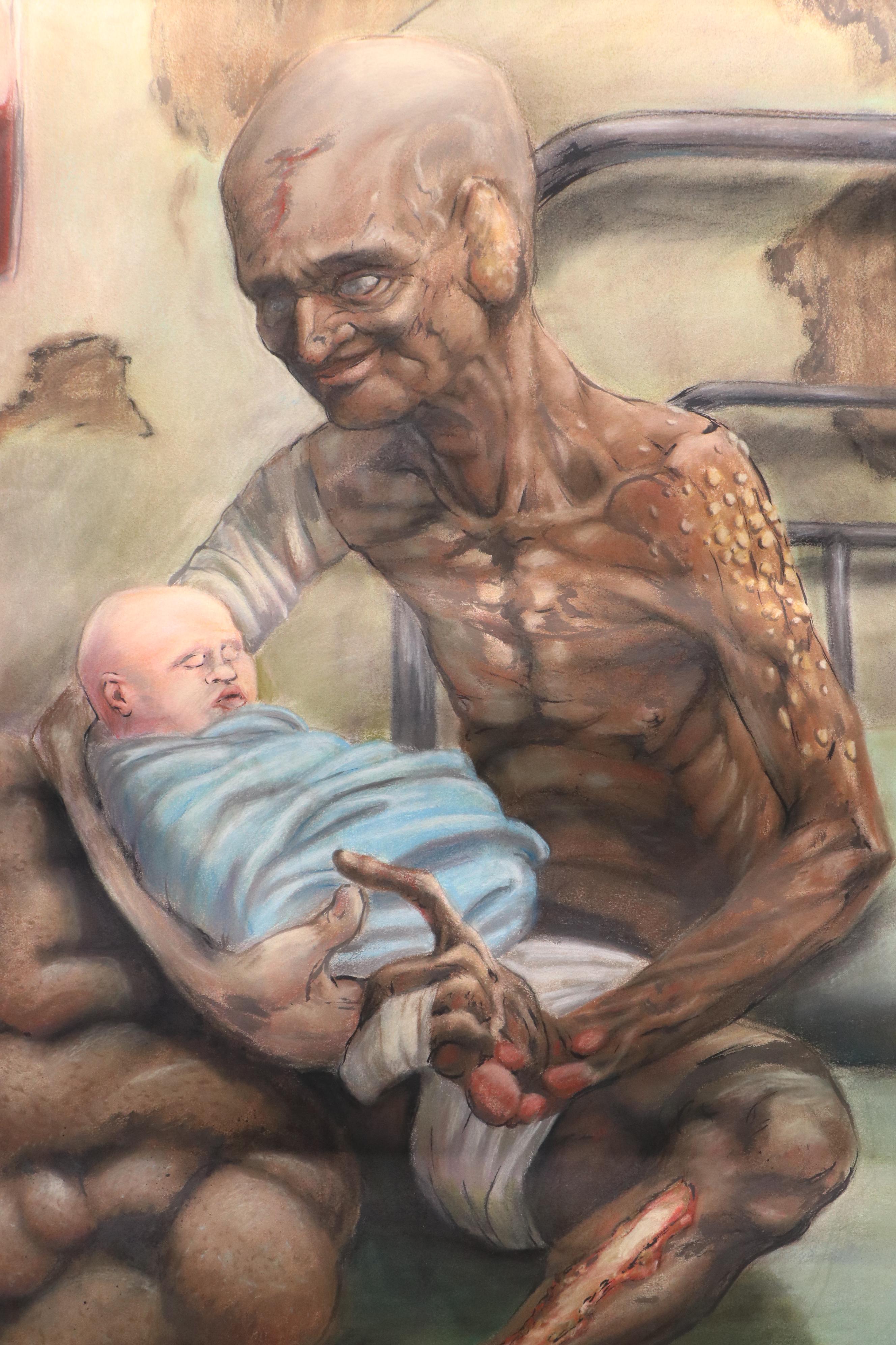 Ben Farrell Horror Genre Chalk Pastel Drawing of Infected Man with Baby, 2013