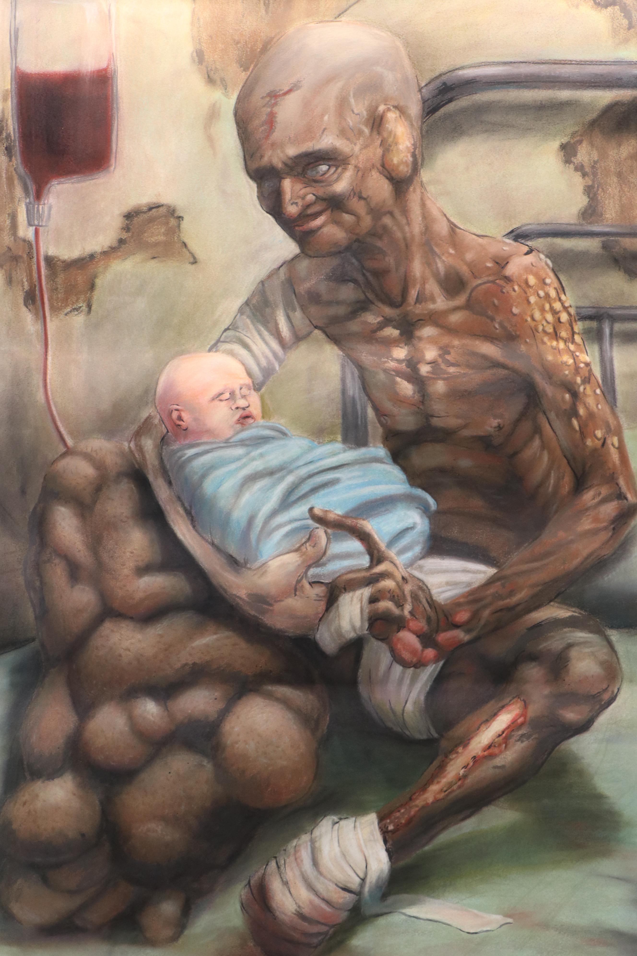 Ben Farrell Horror Genre Chalk Pastel Drawing of Infected Man with Baby, 2013