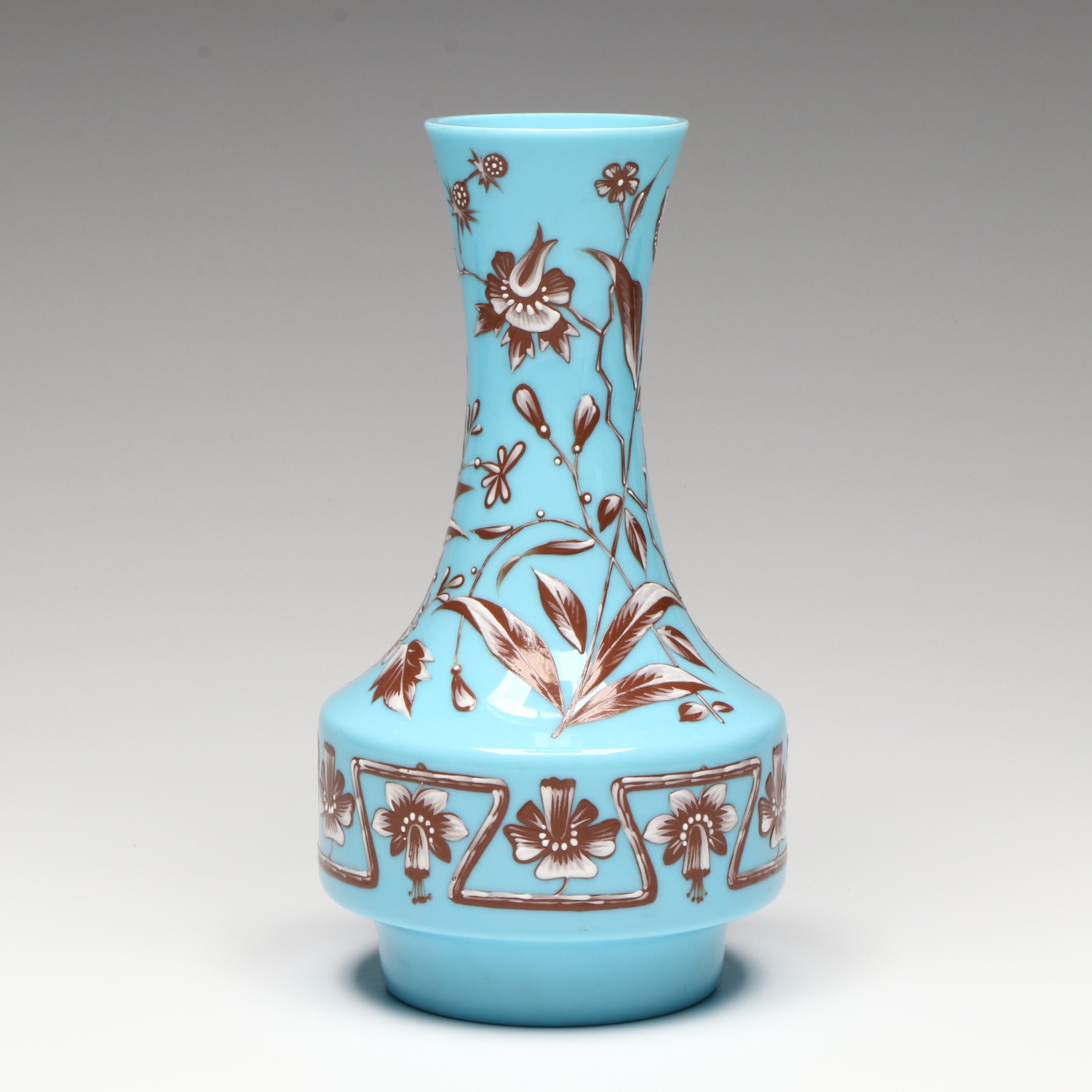 Victorian Hand-Painted Floral Blue Bristol Glass Vase