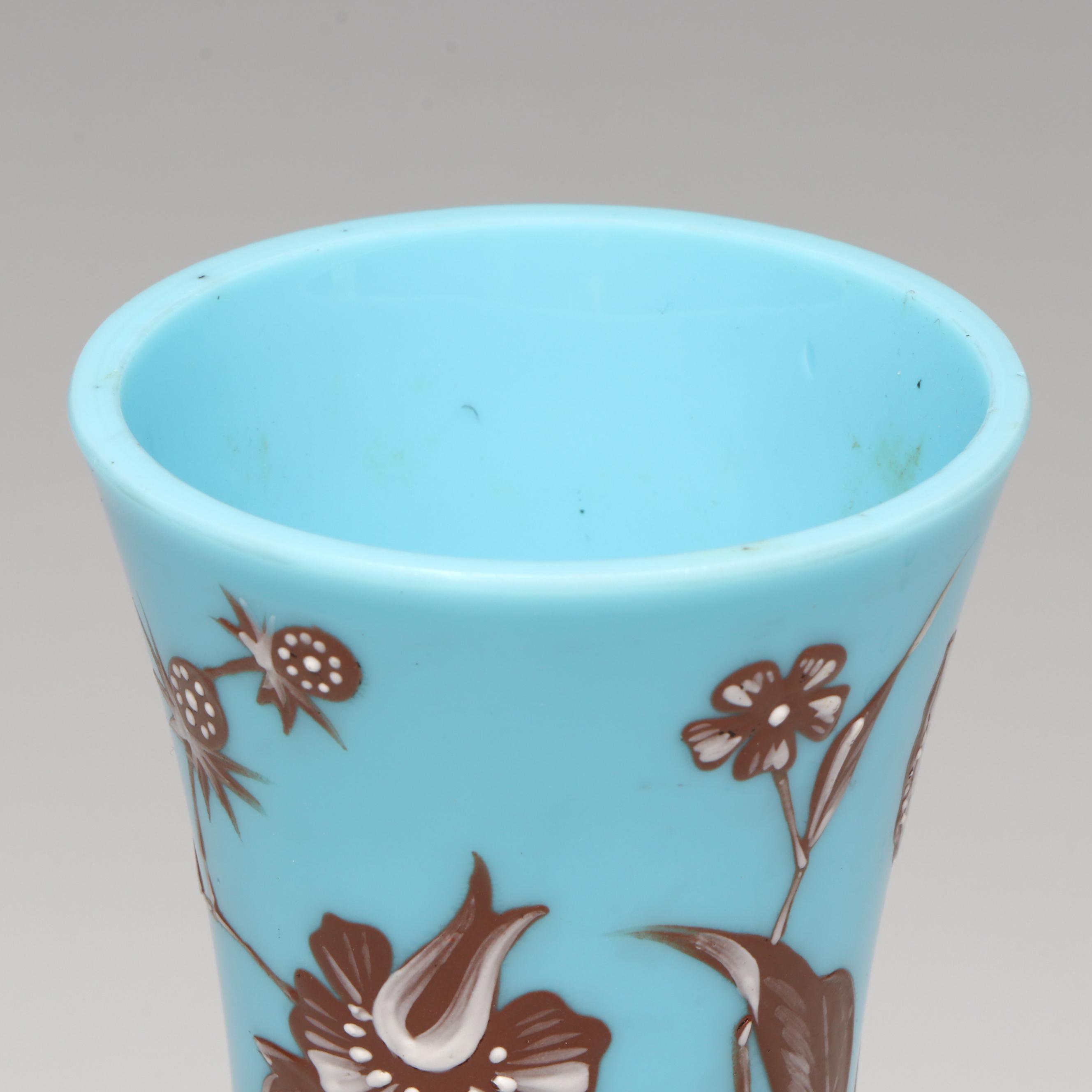 Victorian Hand-Painted Floral Blue Bristol Glass Vase