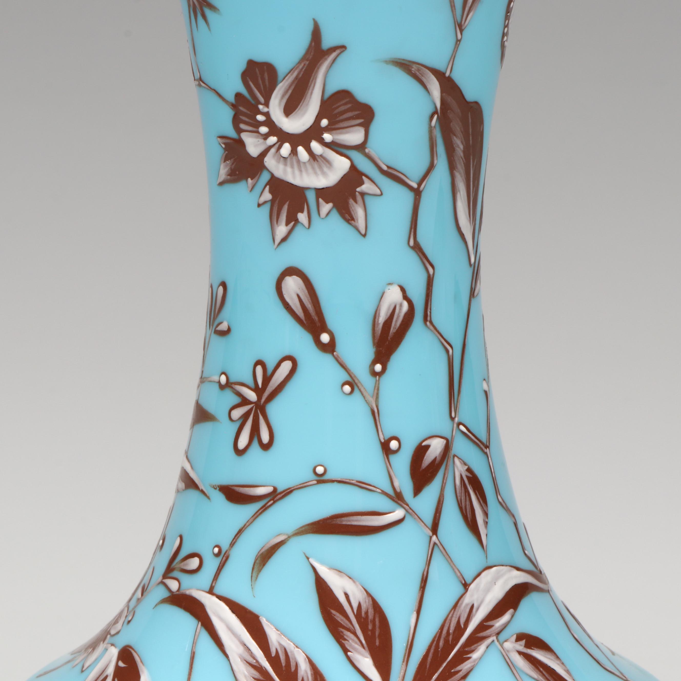 Victorian Hand-Painted Floral Blue Bristol Glass Vase