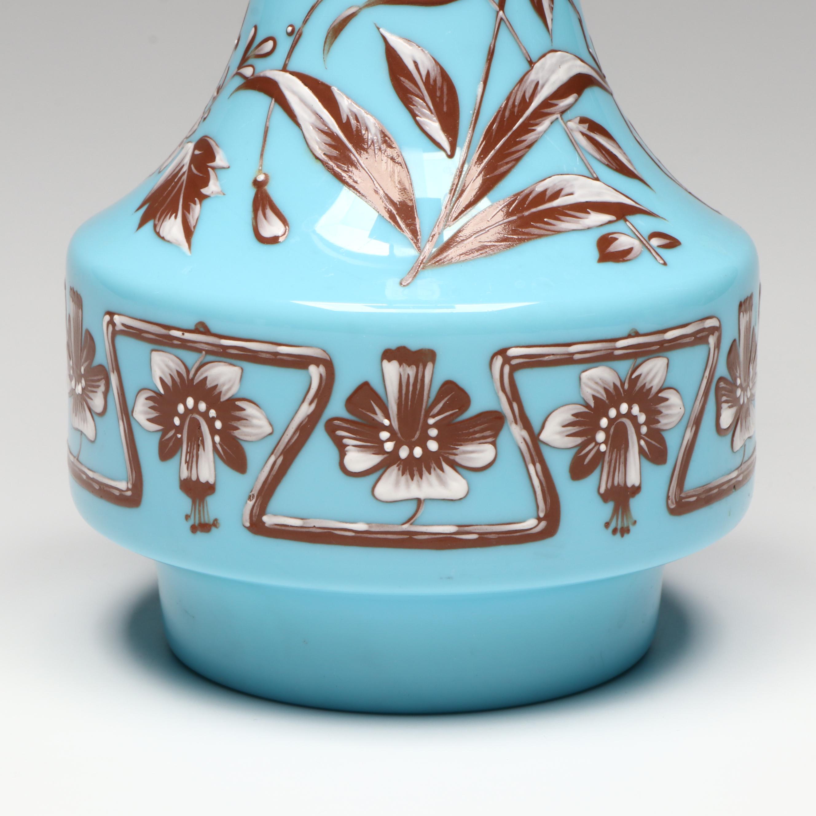 Victorian Hand-Painted Floral Blue Bristol Glass Vase