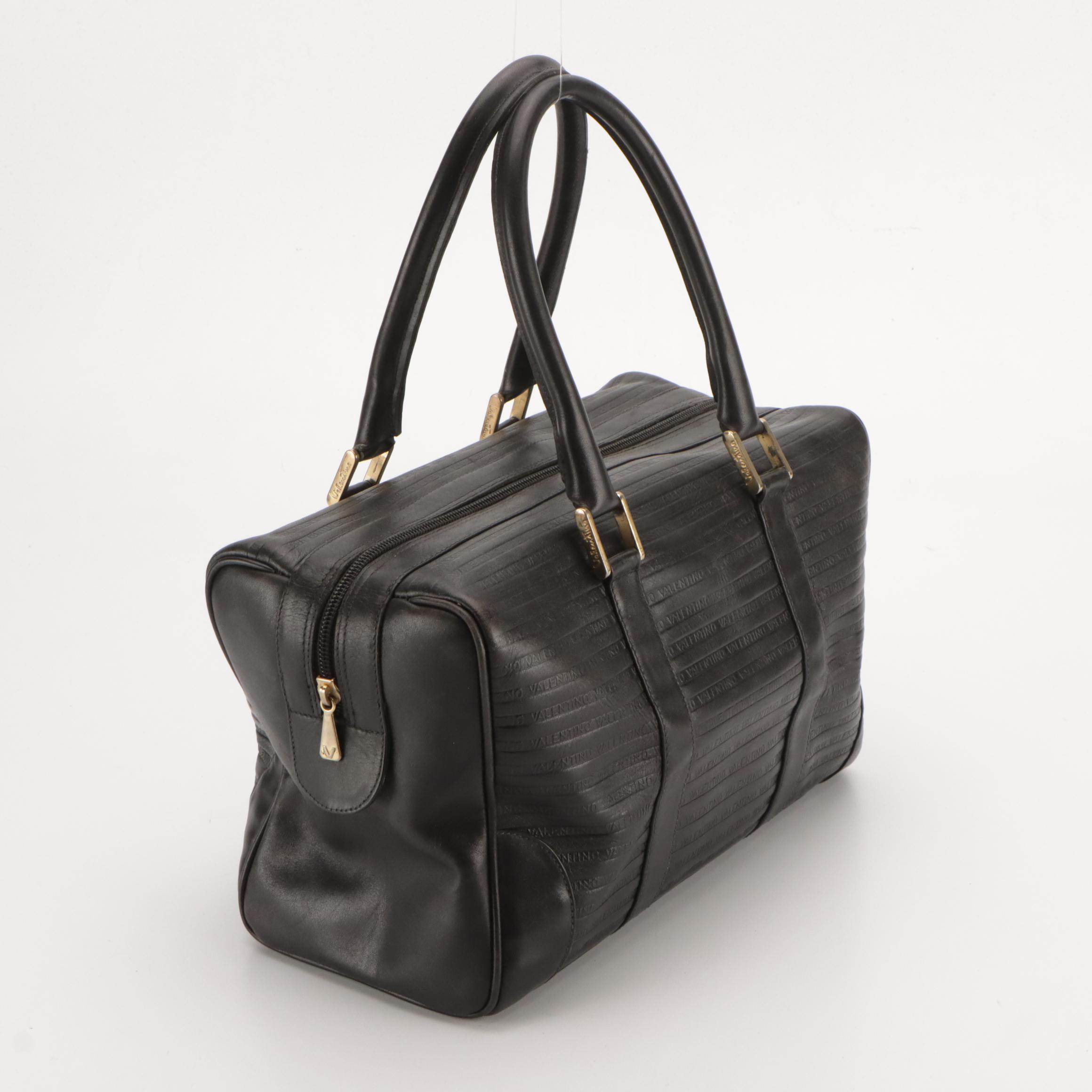 Mario Valentino Boston Bag in Black "Valentino" Embossed Leather