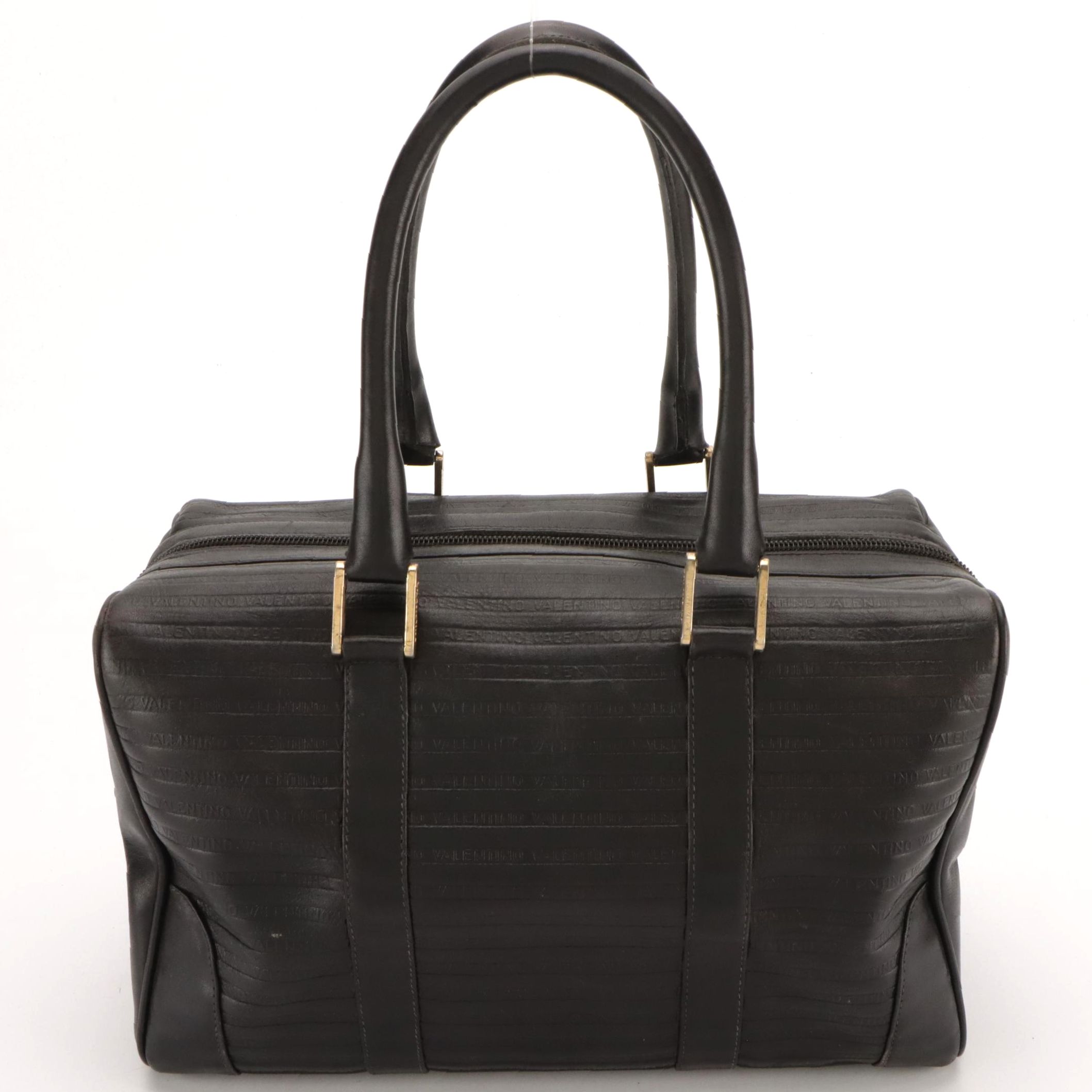 Mario Valentino Boston Bag in Black "Valentino" Embossed Leather
