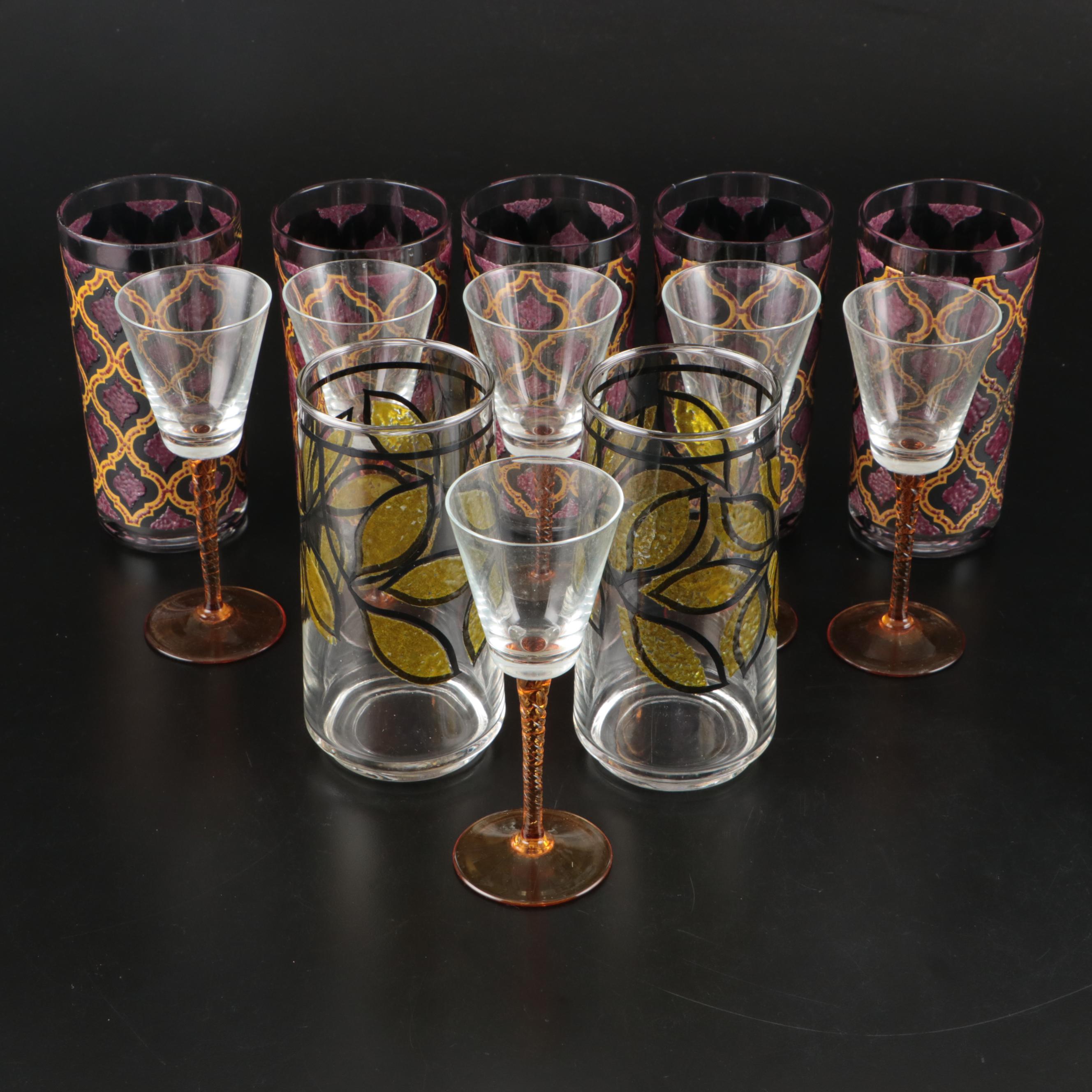 Enamelled Glass Tumblers with Amber Stemmed Cocktail Glasses