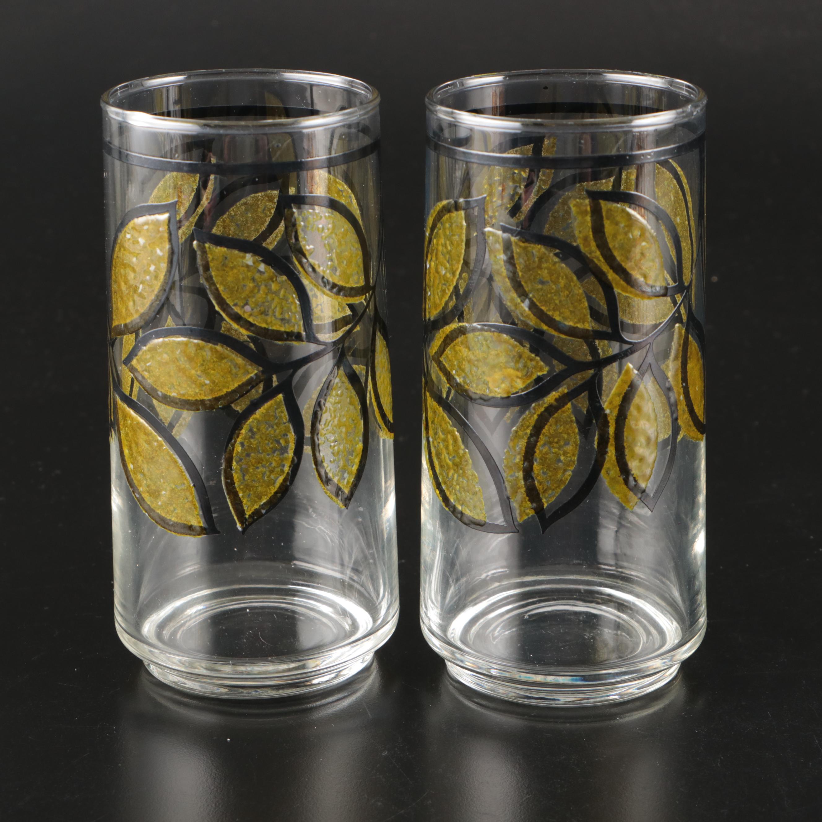Enamelled Glass Tumblers with Amber Stemmed Cocktail Glasses