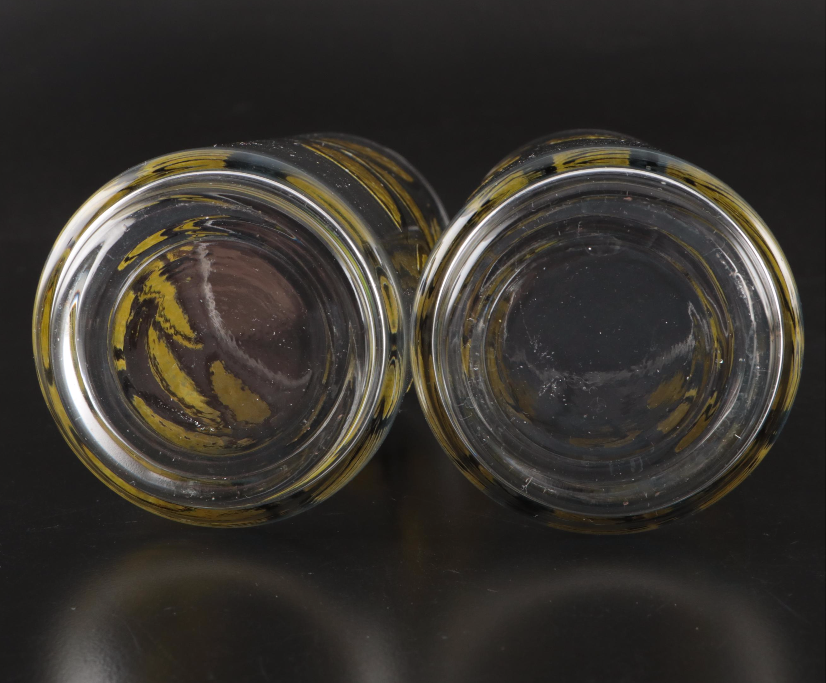 Enamelled Glass Tumblers with Amber Stemmed Cocktail Glasses