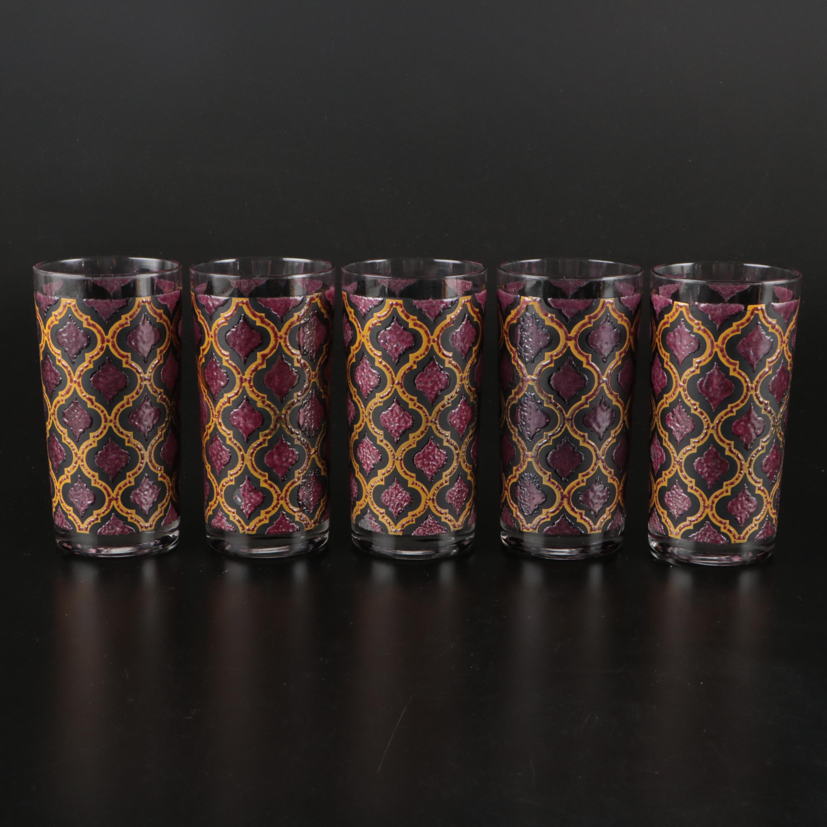 Enamelled Glass Tumblers with Amber Stemmed Cocktail Glasses