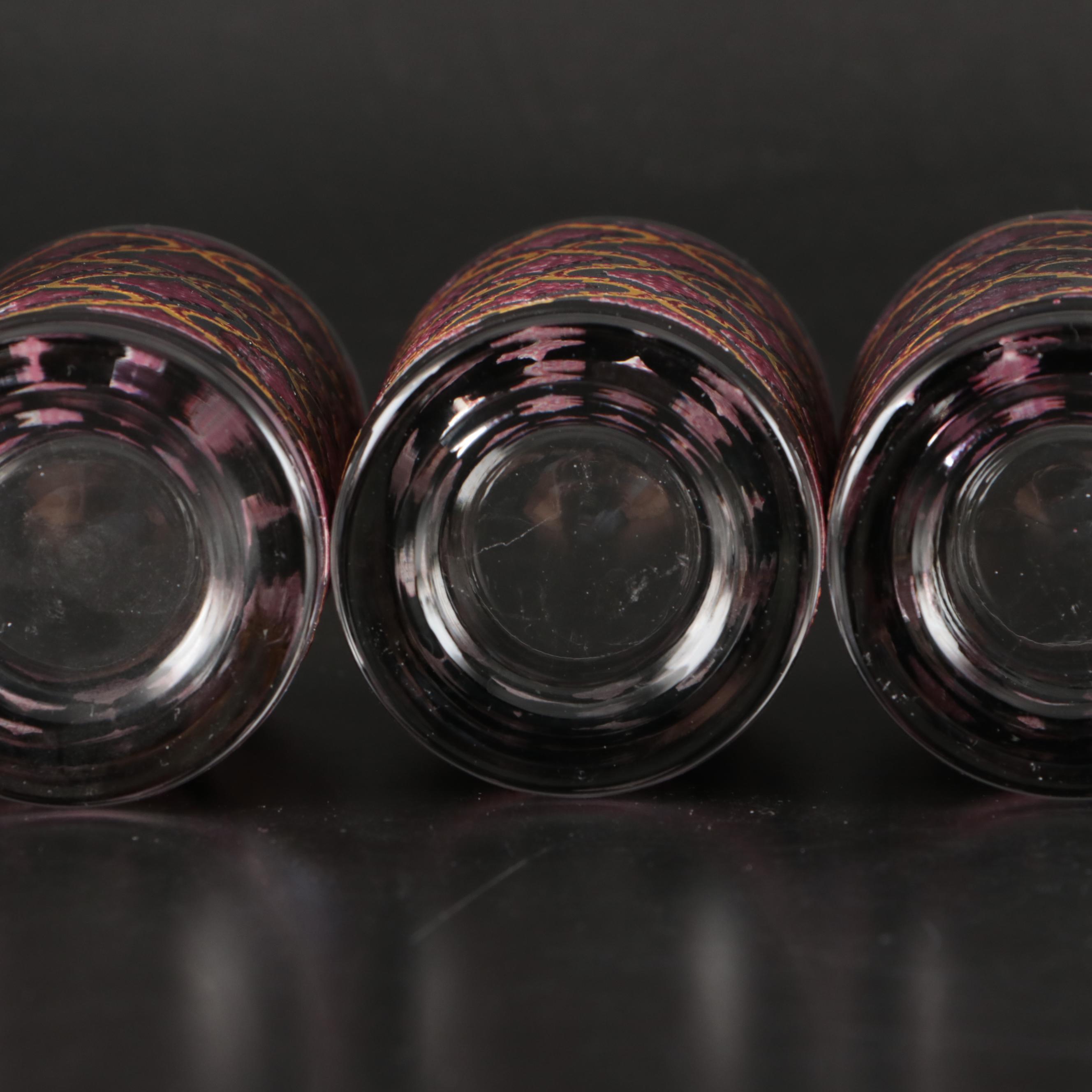 Enamelled Glass Tumblers with Amber Stemmed Cocktail Glasses